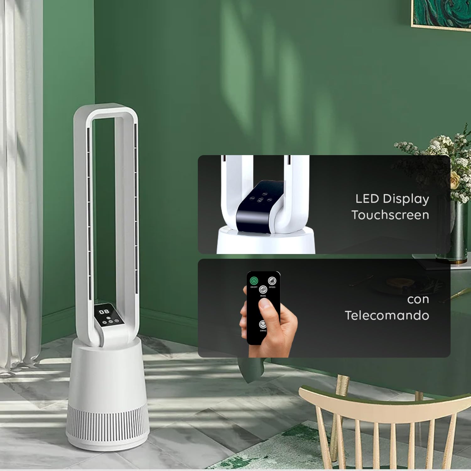 Avilia - Ventilatore a Torre Silenzioso con Telecomando e Display LED, 3 Velocità, Timer e Oscillazione, Ventilatore Senza Pale da Terra per Aria Fresca Uniforme e Design Moderno Elegante