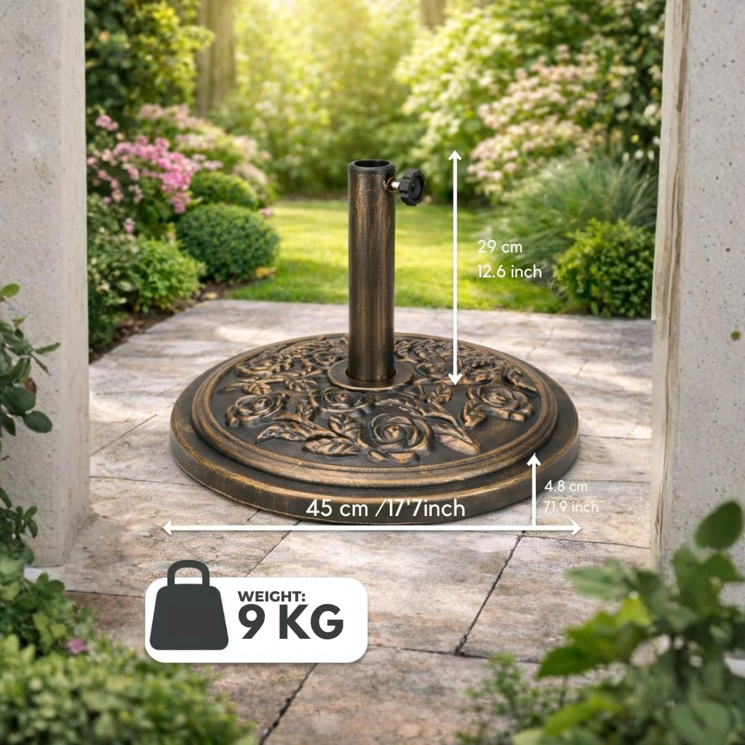 Anikees Heavy Duty Parasol Base 9kg – Cast Iron Garden Umbrella Stand with Decorative Floral Pattern, Bronze Finish for Patio, Deck & Outdoor Canopies (bronze) — view 2