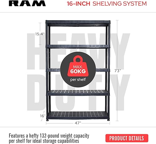 Miniatura 2 de Ram Quality Products Sistema de estantería de plástico extra de 5 niveles para organización de garaje, cobertizo o sótano, color negro