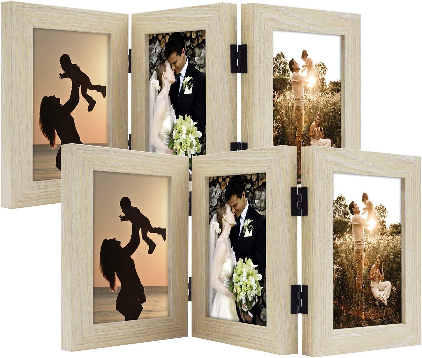 Golden State Art, 4x6 Three Picture Frame Trifold Hinged Photo Frame with 3 Openings, Desk Top Family Picture Collage, with Real Glass (4x6 Triple, Beige, 2-Pack)