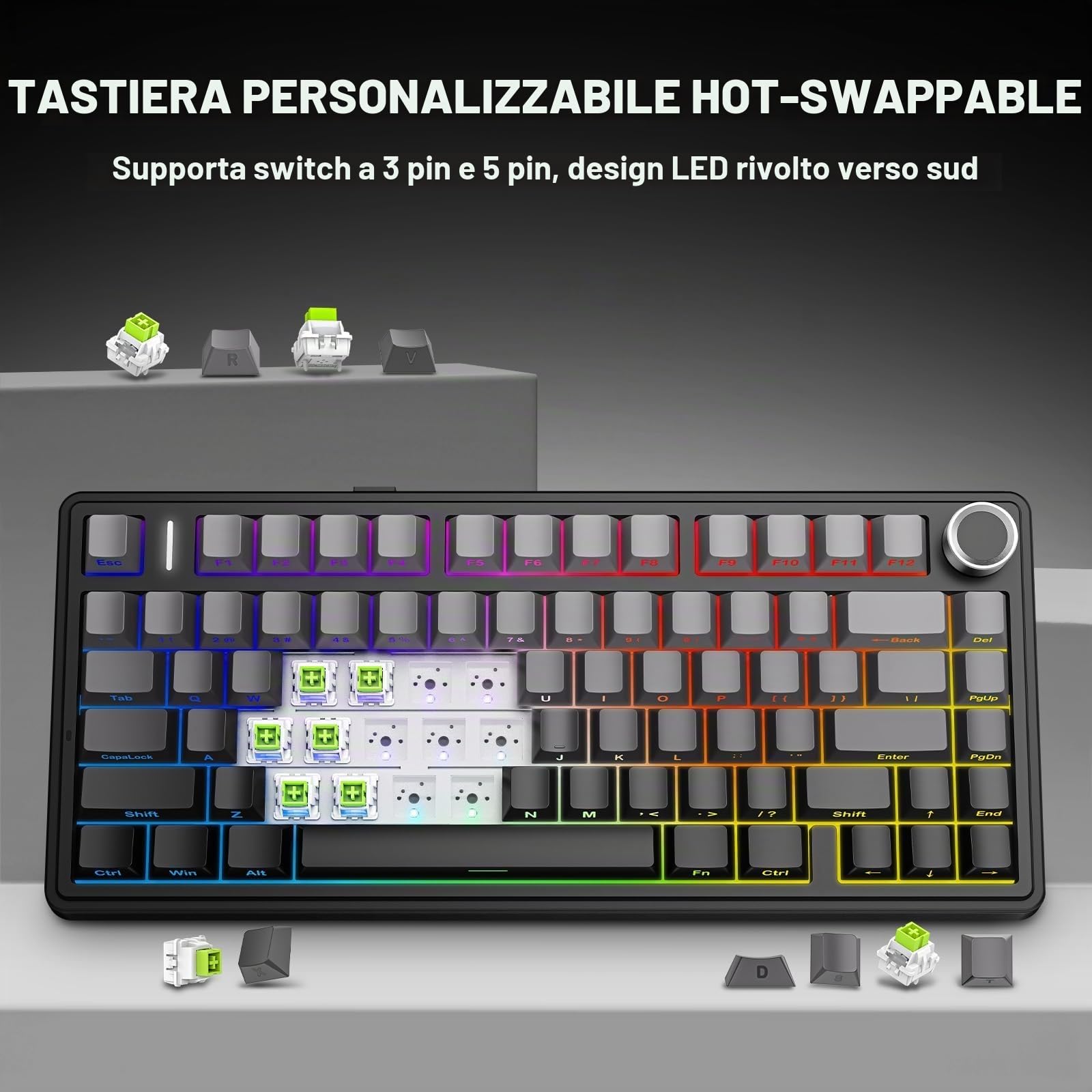 TZMRIT Tastiera meccanica da gioco F75 MAX 2,4 GHz/Type-C/BT5.0 sans-fil incisione lateralestruttura a molla a gashot-swap RGB