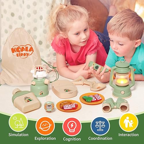 Miniatura 6 de Juego de juguetes de campamento para niños, kit de exploración de juego de simulación con juguetes de comida, lámpara de aceite, estufa,