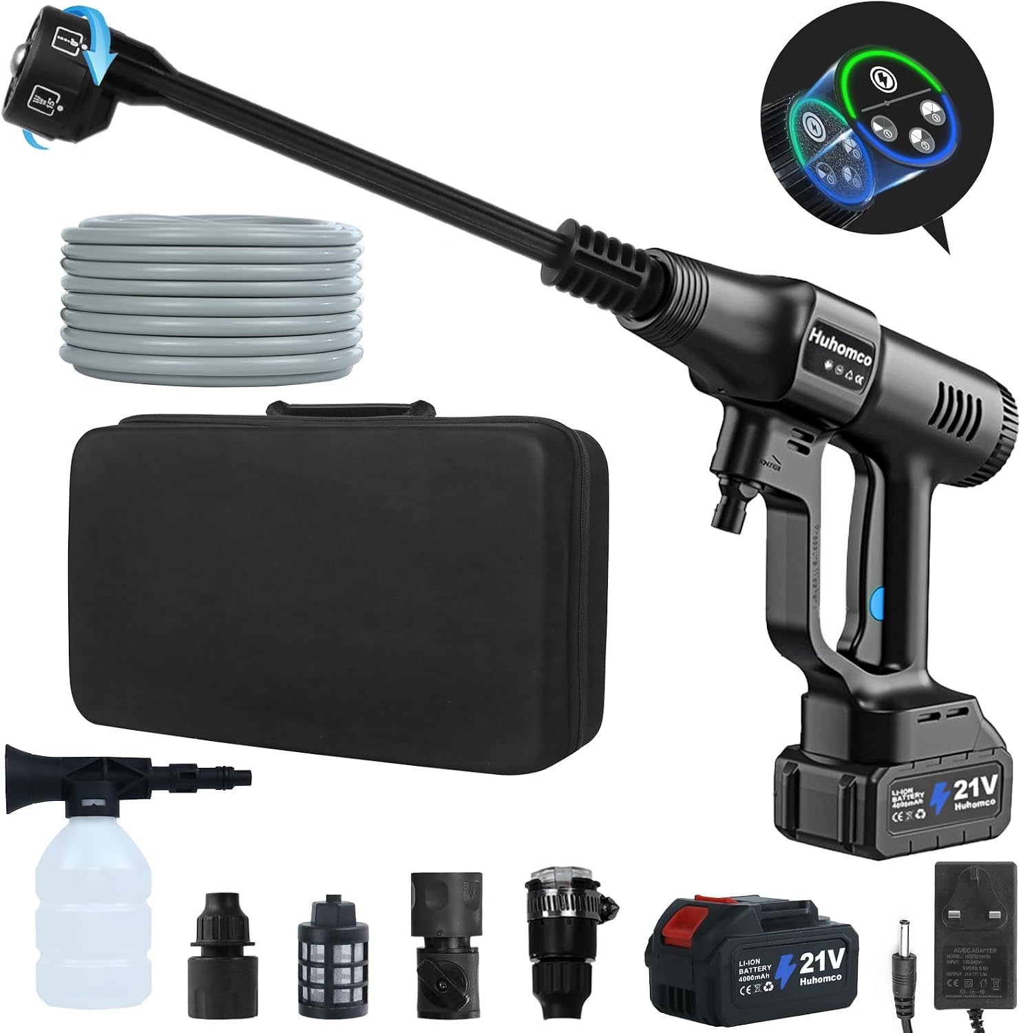 Cordless Pressure Washer Brushless 200Bar Battery Power Washer Portable with 2PCs 4.0Ah Battery, No Hose Needed Battery Operated for Car Cleaning&Garden Watering (Black)