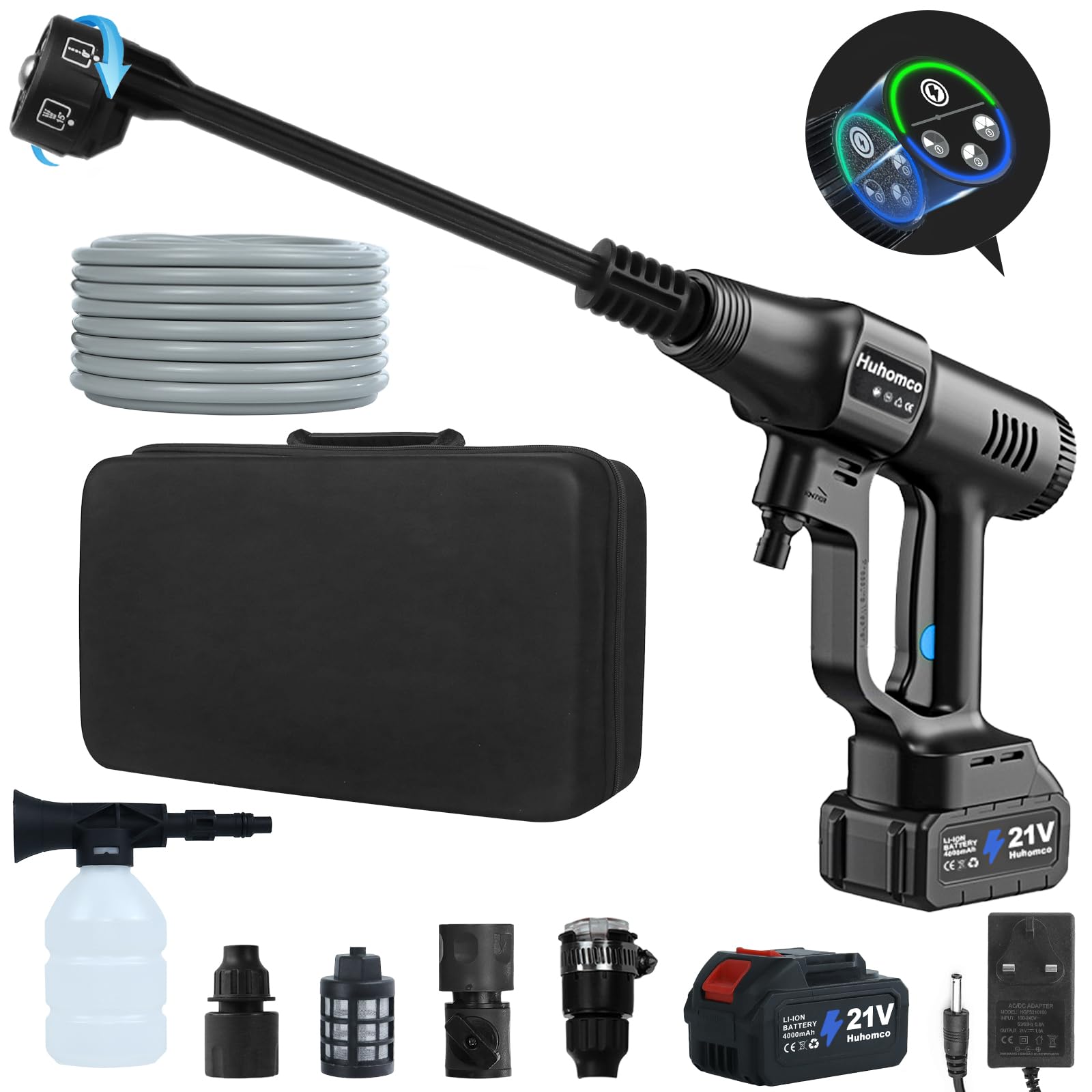 Huhomco Cordless Pressure Washer Brushless 200Bar Battery Power Washer Portable with 2PCs 4.0Ah Battery, No Hose Needed Battery Operated for Car Cleaning&Garden Watering (Black)