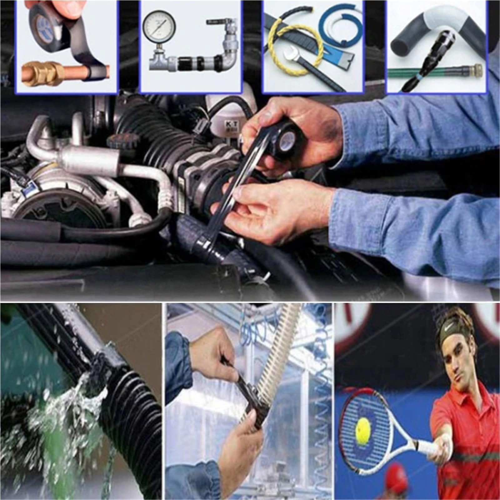 Nastro isolante autofondente in gomma siliconica | Bianco e nero, 12 rotoli da 1 pollice x 10 piedi x 0,5 mm: riparazione di tubi flessibili e radiatori di emergenza(Black)