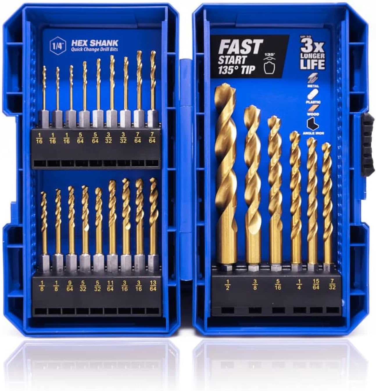 JEFE HEX 24 Pieces Hex Shank Drill Bit Set for Impact Driver HSS Twist Titanium Drill Bits for Metal Hex Drive Quick Change Drill Bits Set Ideal for Steel Copper Aluminum Zinc Alloy Wood and Plastics