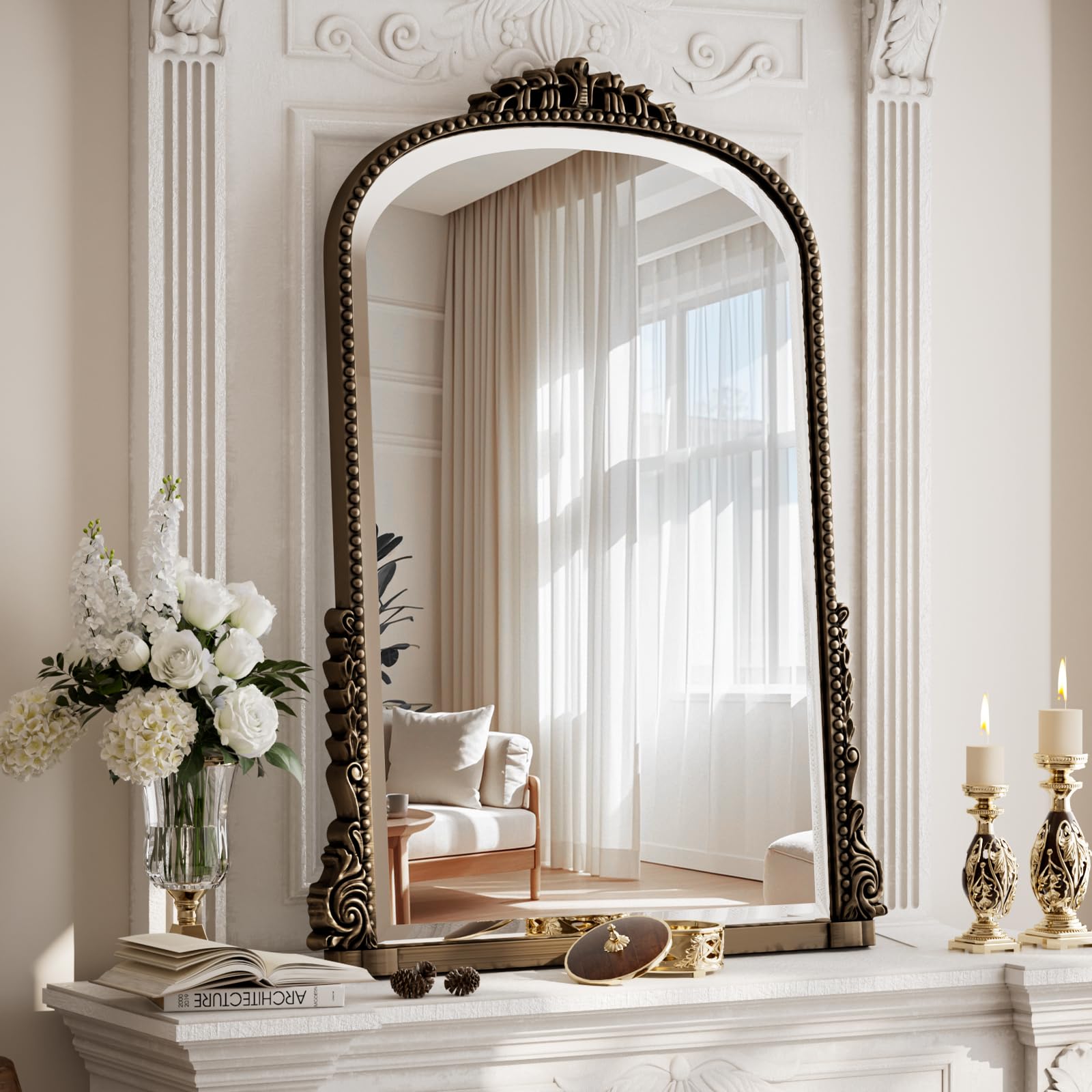 40x28 Beaded Arched Mirror, Bathroom Mirror for Over Sink, Metal Frame Wall Decor for Entryway, Bedroom, Living Room, Bronze