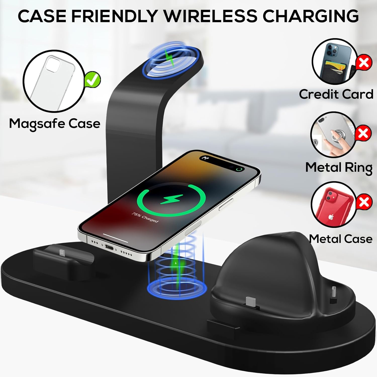 4 in 1 Wireless Charging Station for Smartwatches, Smartphones, Earbuds - 15W Fast Wireless Charger for Apple iPhone, iWatch, Airpod with Adapter & iWatch Charging Cable - Image 8