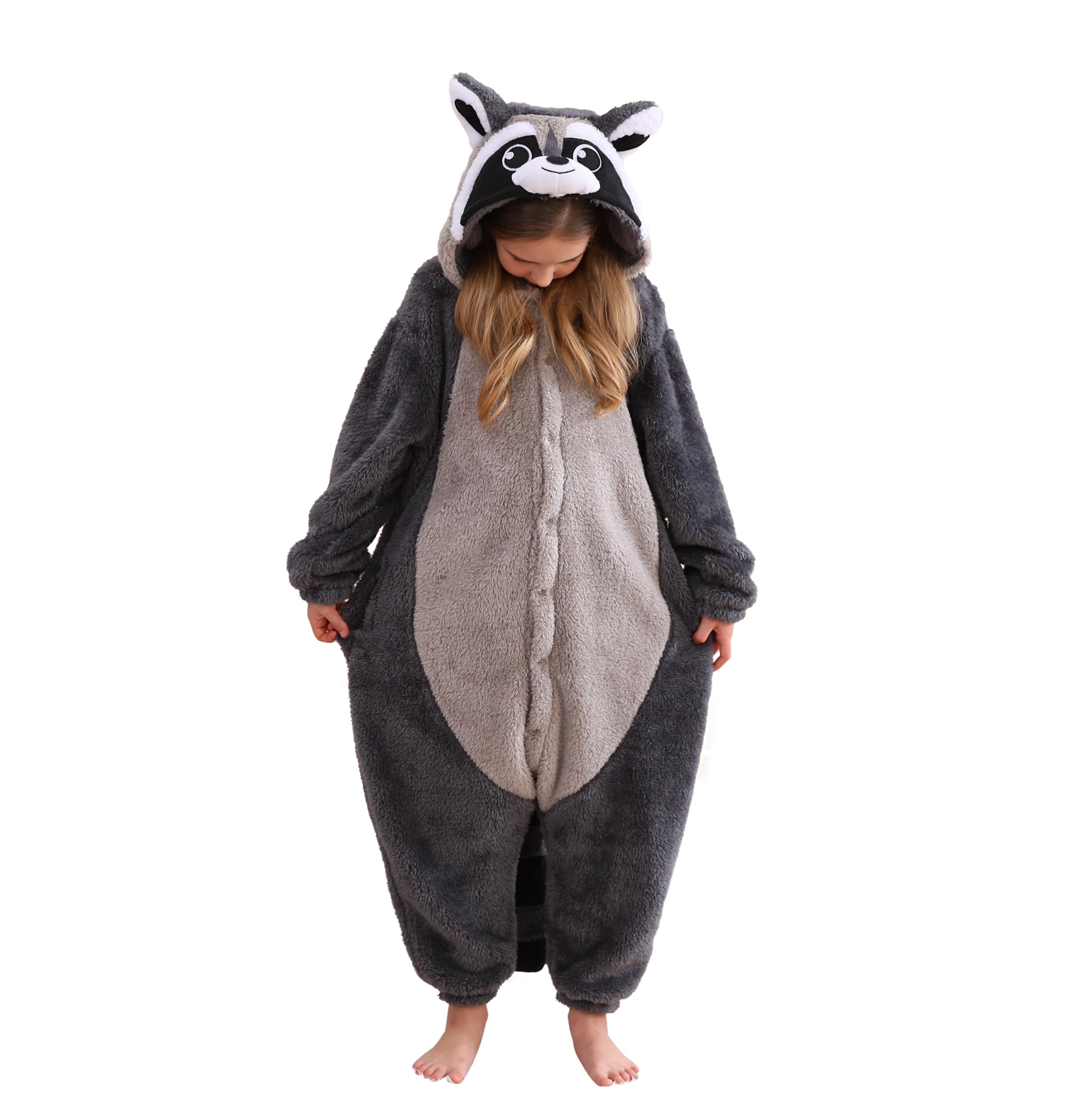 SimZooKids Animal Pajamas, 3-13 Years Boy and Girls Gray Raccoon Cosplay Costume Sleepwear, One-Piece Unisex Homewear