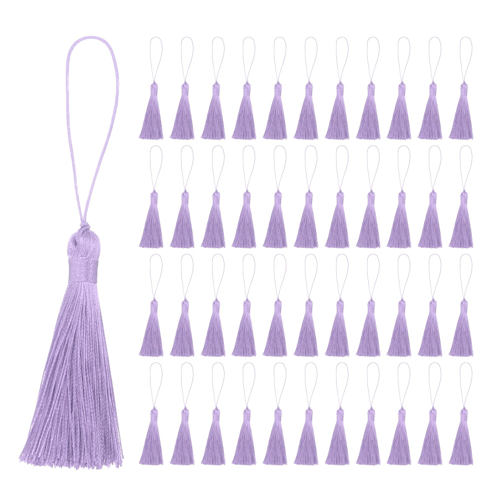 sourcing map 45Pcs Mini Silky Bookmark Tassels, Handmade Soft Floss Craft Tassels with Loop, Small Tassel for Jewelry Making, Keychain, Souvenir, Graduation, Clothing Sewing, Light Purple