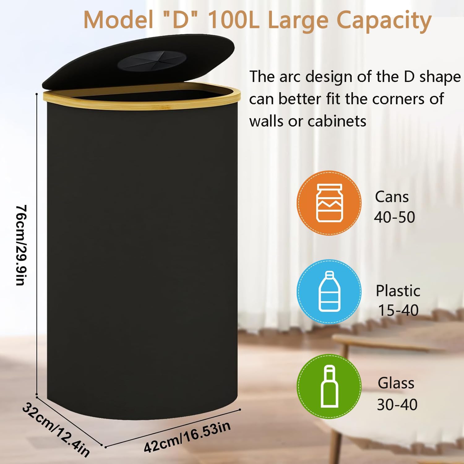 Colector de botellas con forma de D, 100 l, con agujero y tapa, para botellas de plástico, latas, botellas de vidrio (negro, forma D, 100 l para 30 botellas