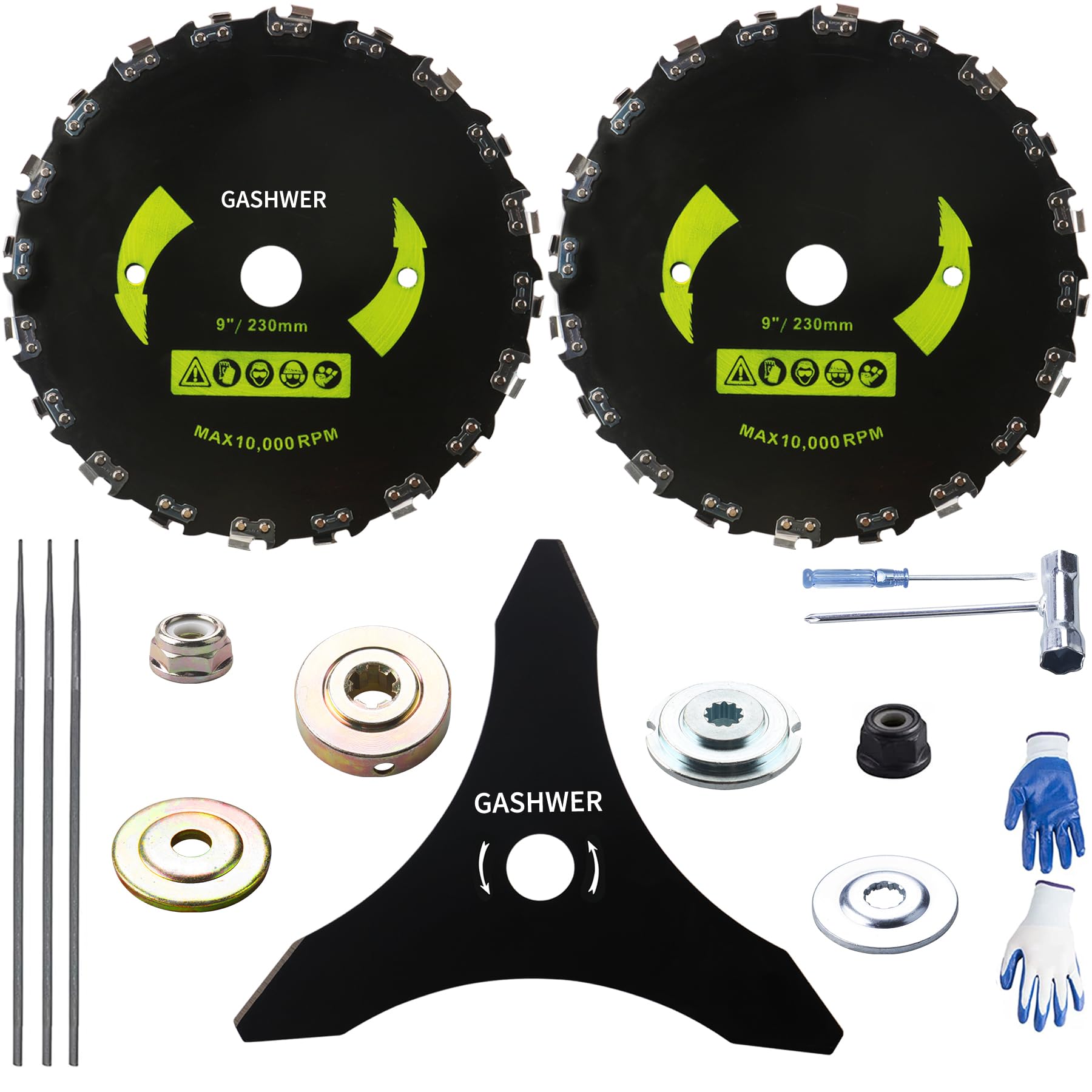 Cuchillas de cepillo redondas de acero al carbono de 22,86 cm x 20 dientes de 25,4 cm x 3T para cortador de malezas, kit adaptador universal con 3 limas redondas, compatible con cortador de cepillo,