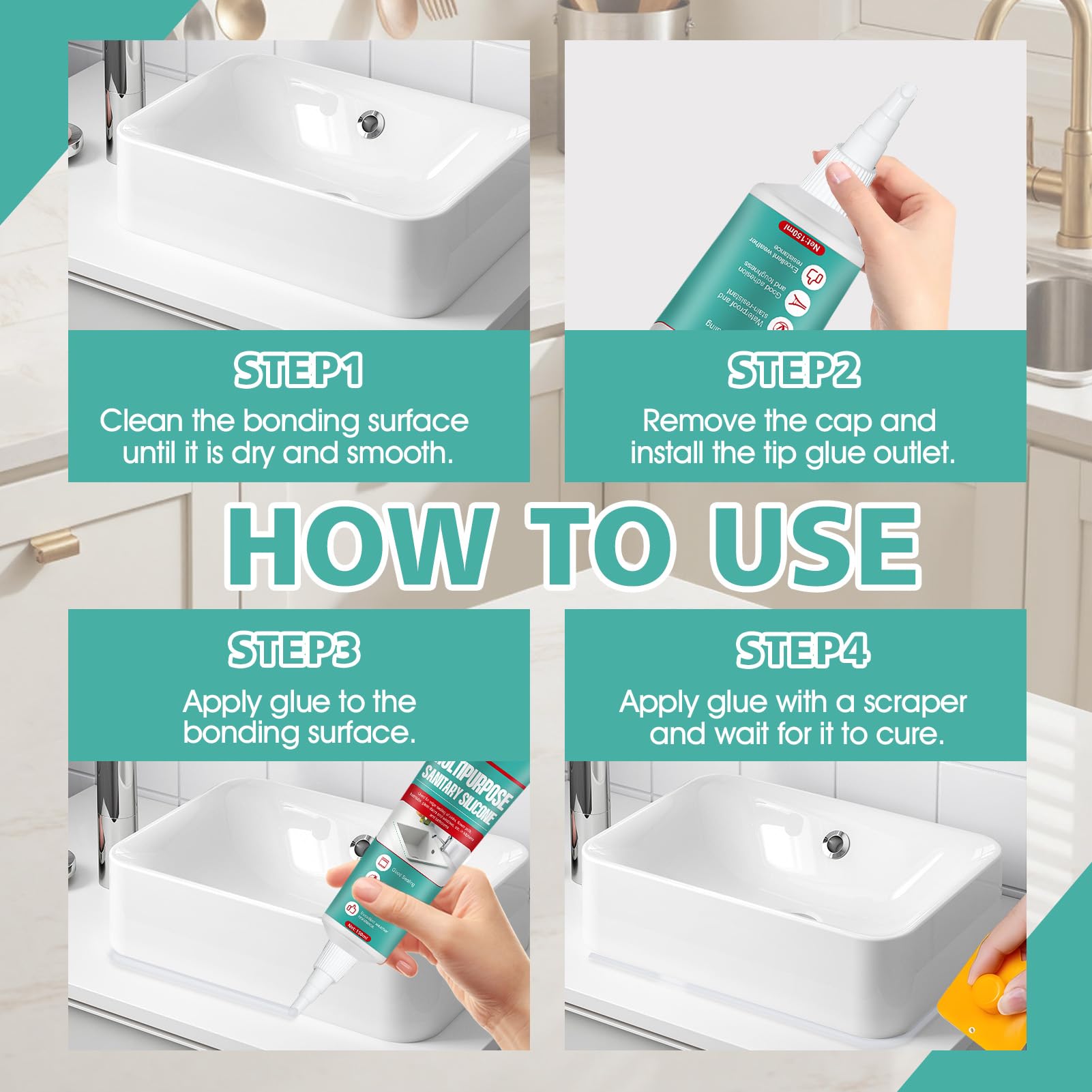 150ml Silicone Trasparente Sigillante, Silicone Bagno,Sigillante Impermeabile, Adatto per Lavelli da Cucina, Bagni, WC e Bordi Piscina, Trasparente