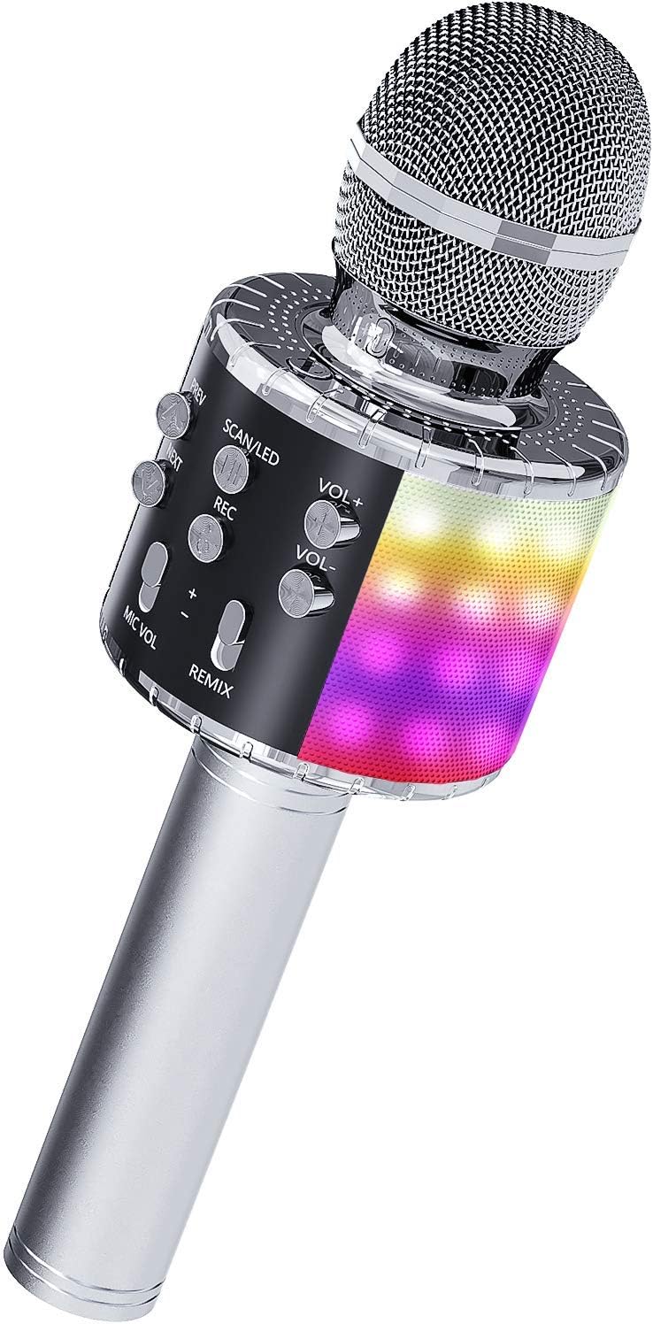 OVELLIC Karaoke Microphone for Kids, Wireless Bluetooth Karaoke Microphone with LED Lights, Portable Handheld Mic Speaker Machine, Great Gifts Toys for Girls Boys Adults All Age (Silver Plus)