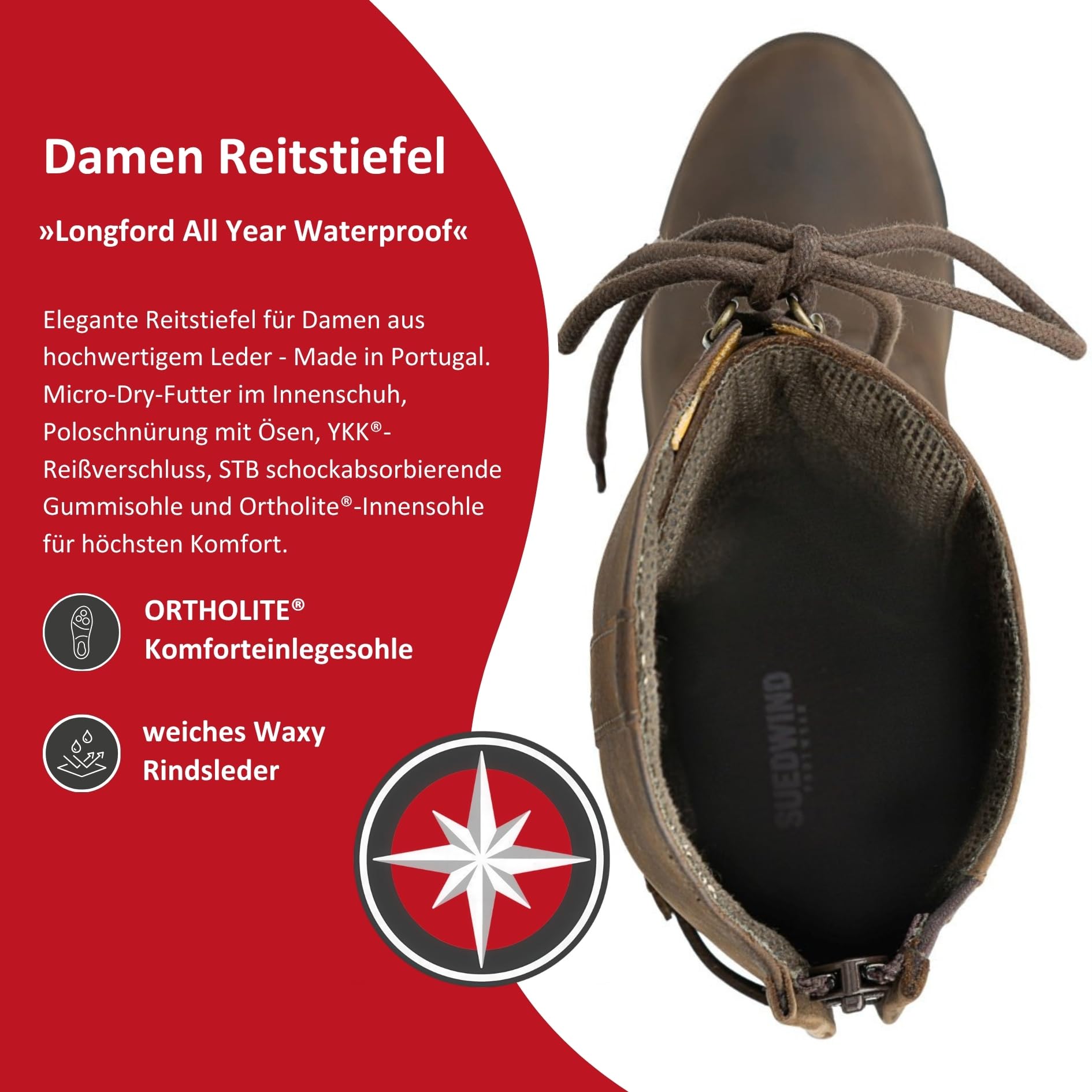 SUEDWIND FOOTWEAR Leder Reitstiefel für Damen Longford All Year Waterproof – Stiefel zum Reiten – Polo-Schnürung, Reißverschluss & Ortholite-Innensohle – schwarz o. braun – Gr. 36-43
