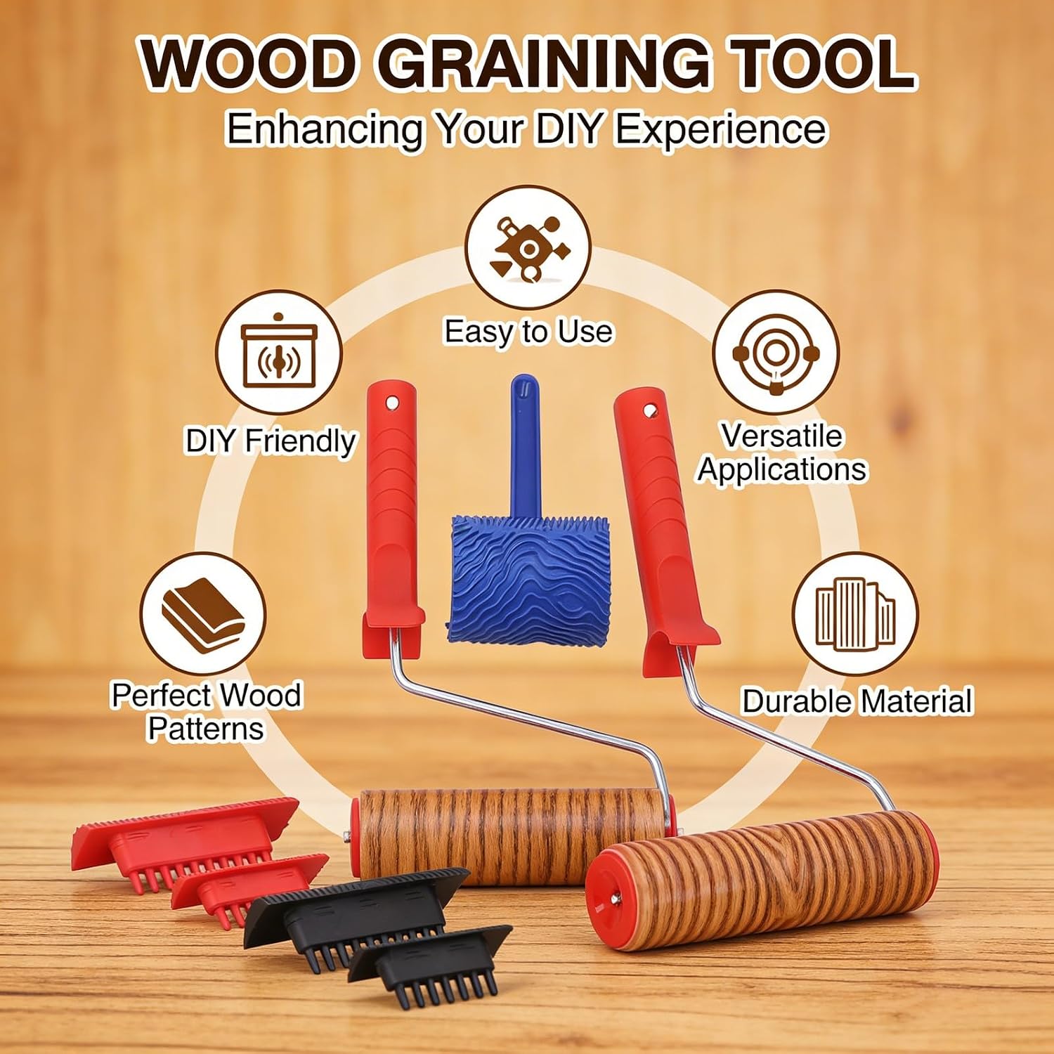 Wood Roller Pattern Maker, Rubber Wood Graining Tool with Handle, 7 Inch Wide Rodillo - Durable Rubber Material, Easy Paint Application, Ideal for DIY Wall and Floor
