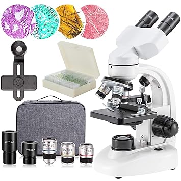 Compound Binocular Microscopes for Homeschooling, School Lab, 40X-2000X Microscopes for Kids Students Adults with Mechanical Platform Slide Set