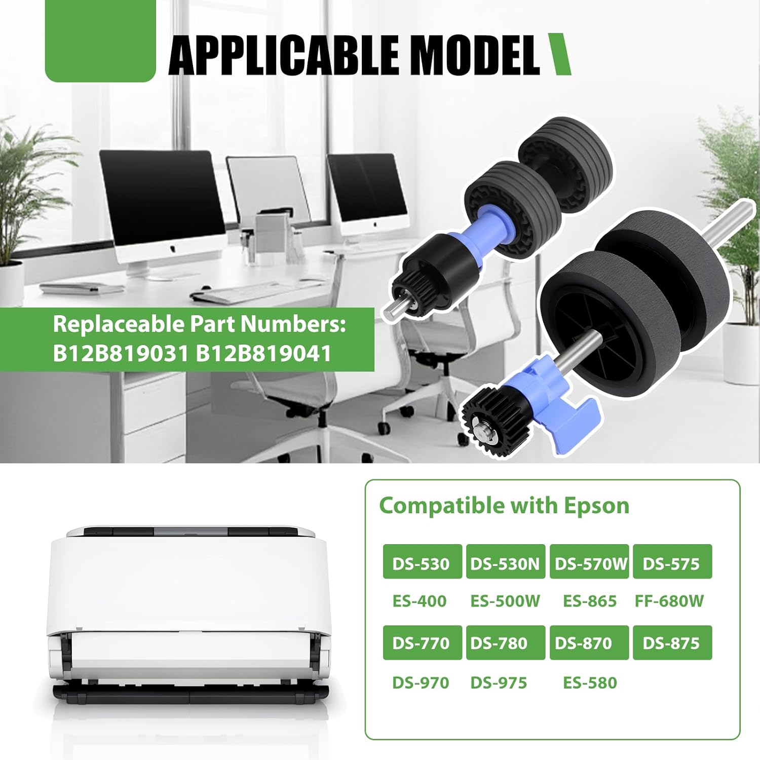 B12B819031 Scanner Exchange Roller Kit Replacement Compatible for Epson DS-530 ES-400 ES-500W ES-865 FF-680W DS-570W DS-575 DS-770 DS-780 DS-870 DS-970 DS-975, Replace B12B819041