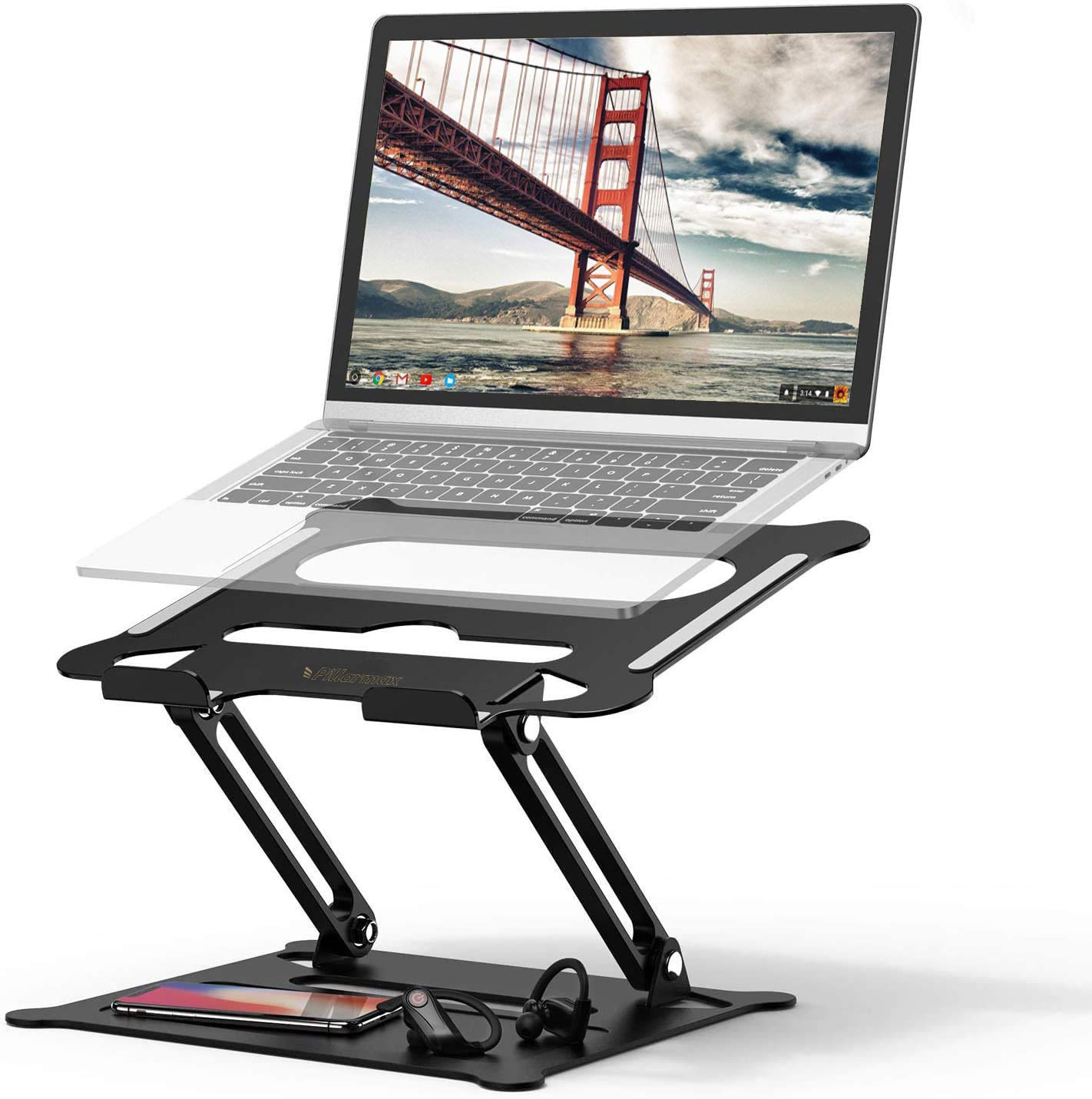 Laptop Stand, Foldable Laptop Holder with Heat-Vent, Ergonomic Portable Aluminum Computer Stand for Desk, Adjustable Laptop Riser (Black)