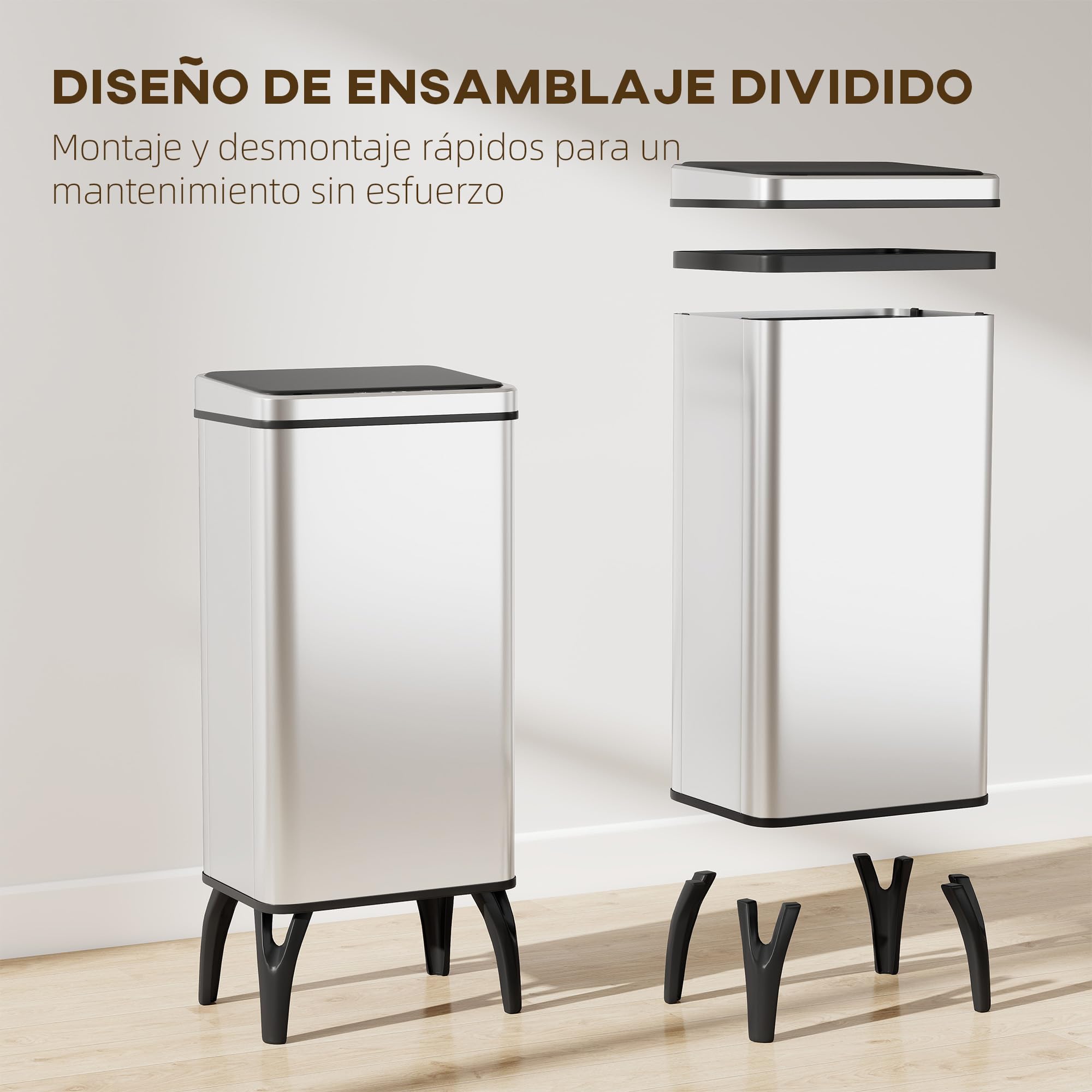 HOMCOM Cubo de Basura Cocina Automático 50 L con Sensor Infrarrojo Plata | Papelera de Cocina de Acero Inoxidable, Cierre Suave, Patas, Anillo de Retención, Antihuellas, para Oficina, Hogar