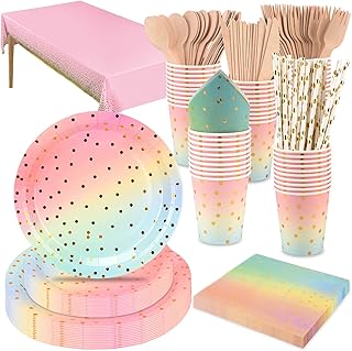 201PCS Pink and Gold Party Tableware Set,CEILIWEN Disposable Party Dinnerware Set Includes Tablecloth,9''&7'' Paper Plates,Cup,Napkin,Straw,Wooden Cutlery(Knife/Fork/Spoon),Severs 25 (Rainbow Color)