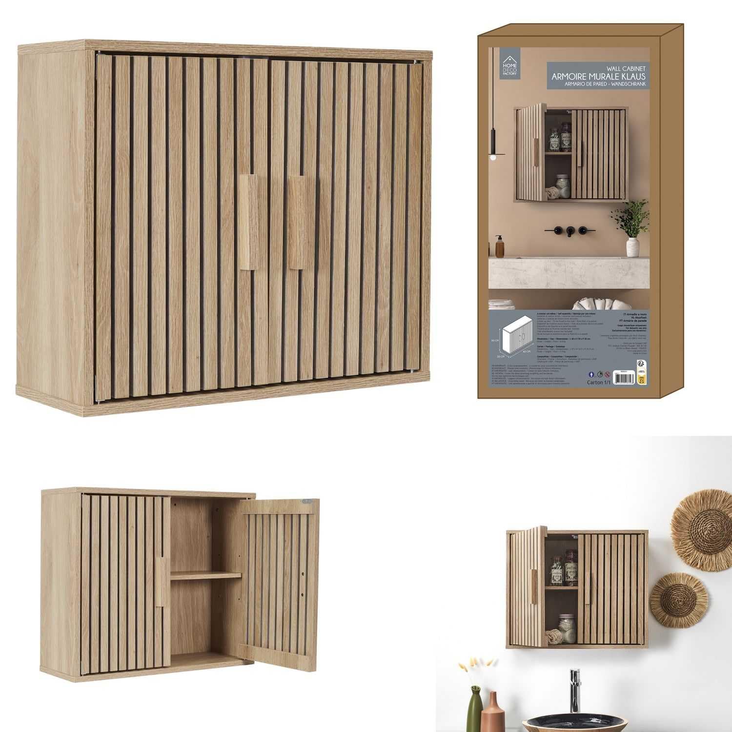 HOME DECO FACTORY - Armoire Murale Klaus - Collection Natural Crush - Mobilier Pratique pour Salle de Bain - Dimensions 60 x 50 x 20 cm - Couleur Marron - Modèle Klaus
