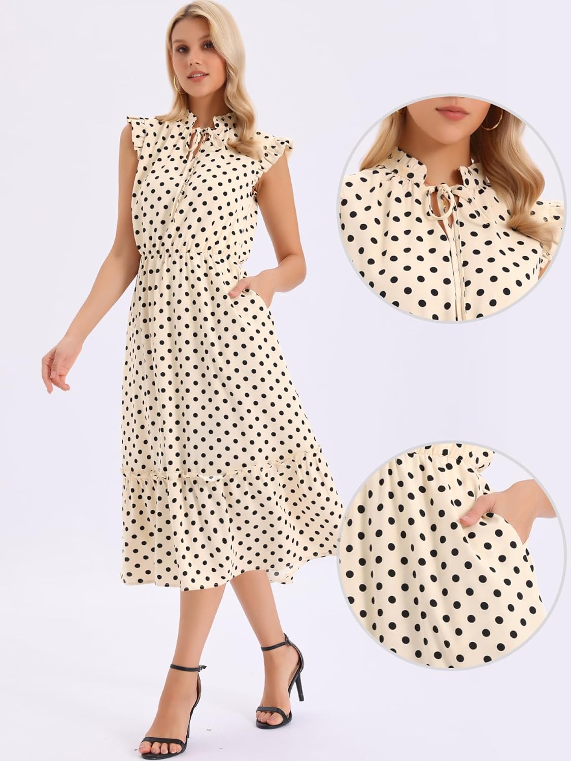 Allegra K Polka Dots Midi Dress for Women's Peasant Tie Neck Ruffle Sleeve Dresses - Image 3
