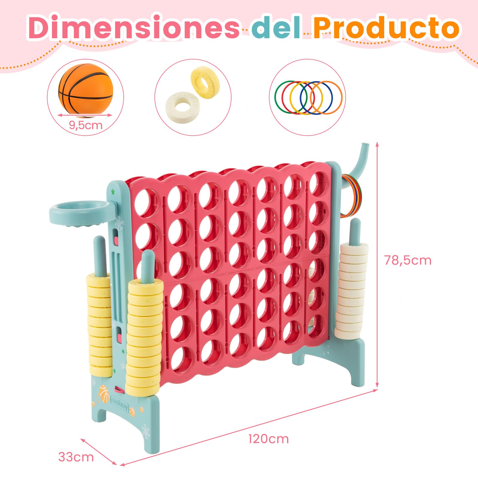 COSTWAY Conecta 4 Gigante, Mega 4 para Niños y Adultos, Juego de Exterior 74 cm con Canasta y Juego de Lanzamiento de Anillos, 42 Piezas Gigantes con Pegitinas y Boloncesto (Rojo y Azul)
