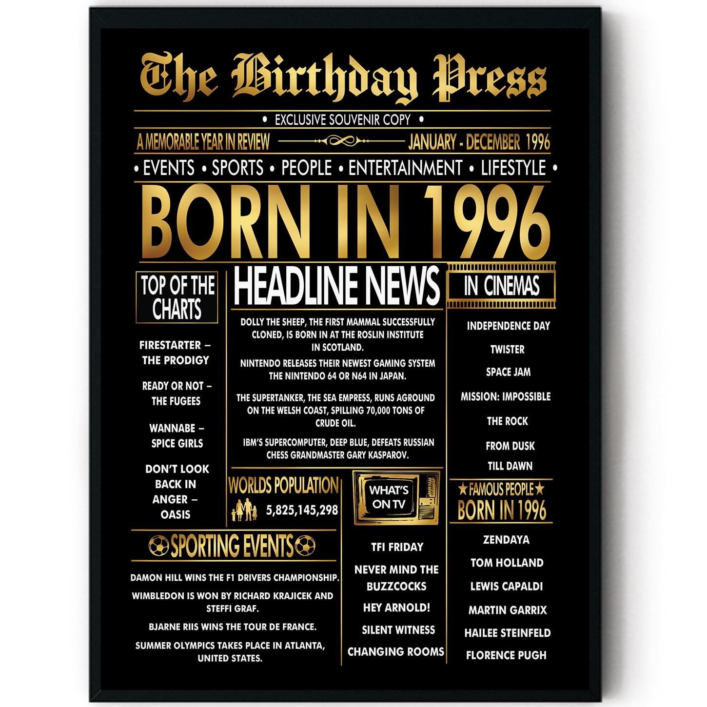 Stuff4 Men's 1996 Gold 30Th Birthday Poster Framed - Golden Born In Newspaper - Happy 30 Birthday For Wo Retro Vintage Gifts Back In 8X10 Inch Bday Party Decor Decoration
