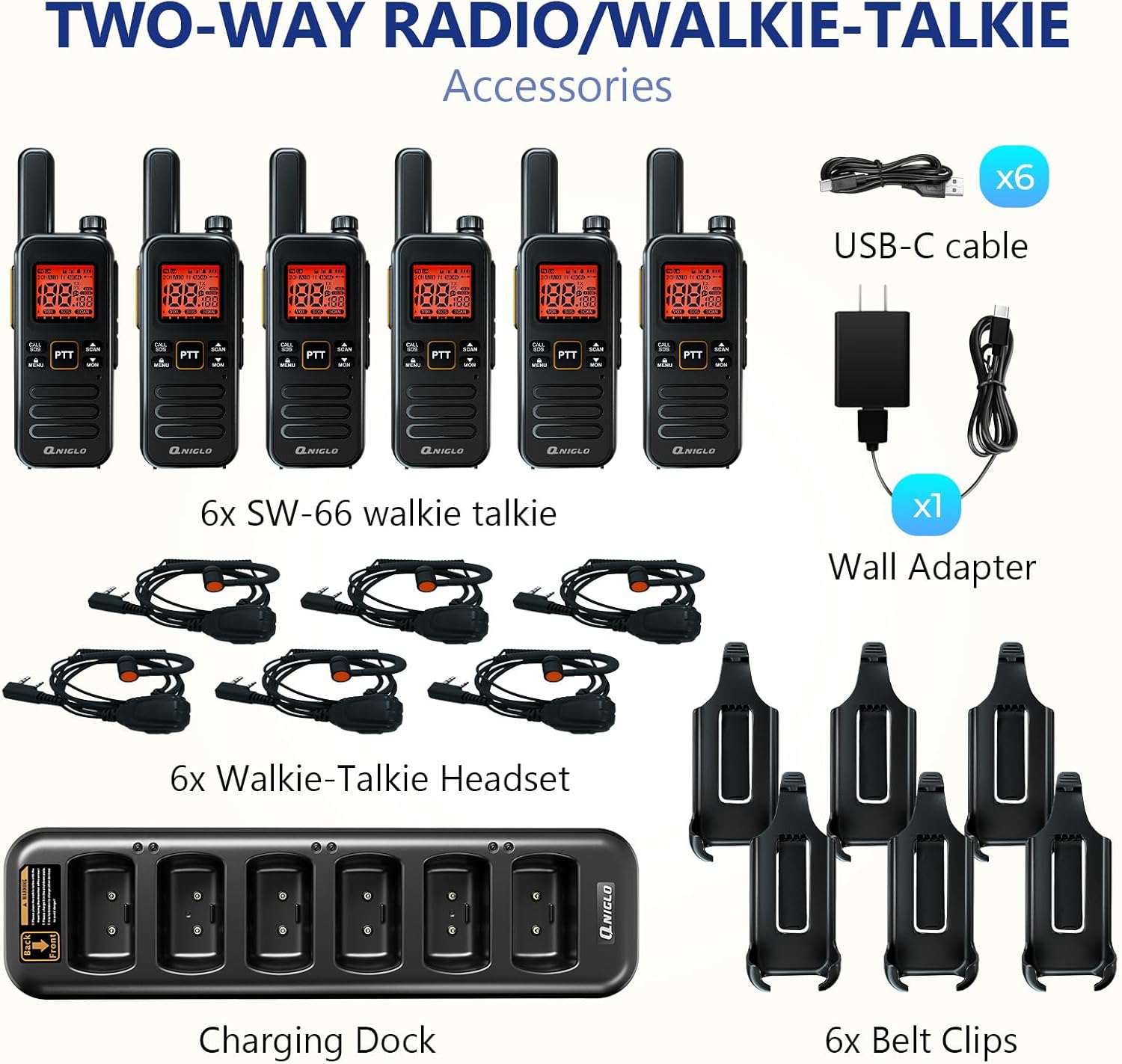 Image showing the QNIGLO SW-66 walkie talkies, a multi-unit charging dock, USB-C cables, a wall adapter, walkie-talkie headsets, and belt clips included in the package.