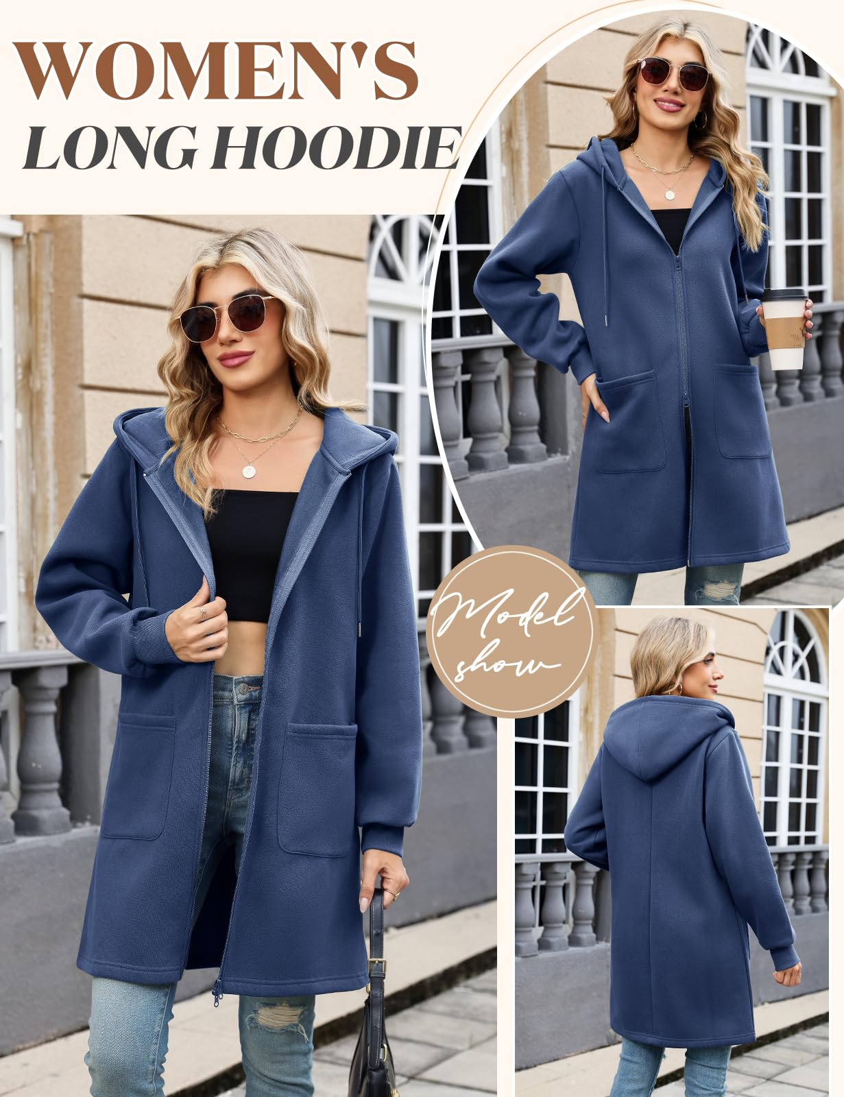 Vancavoo Sweat Long Femme à Capuche avec Fermeture Éclair Bidirectionnelle | Veste Longue à Cordon, Poignets Côtelés et 2 Poches Plaquées, pour le Quotidien, Printemps et Automne