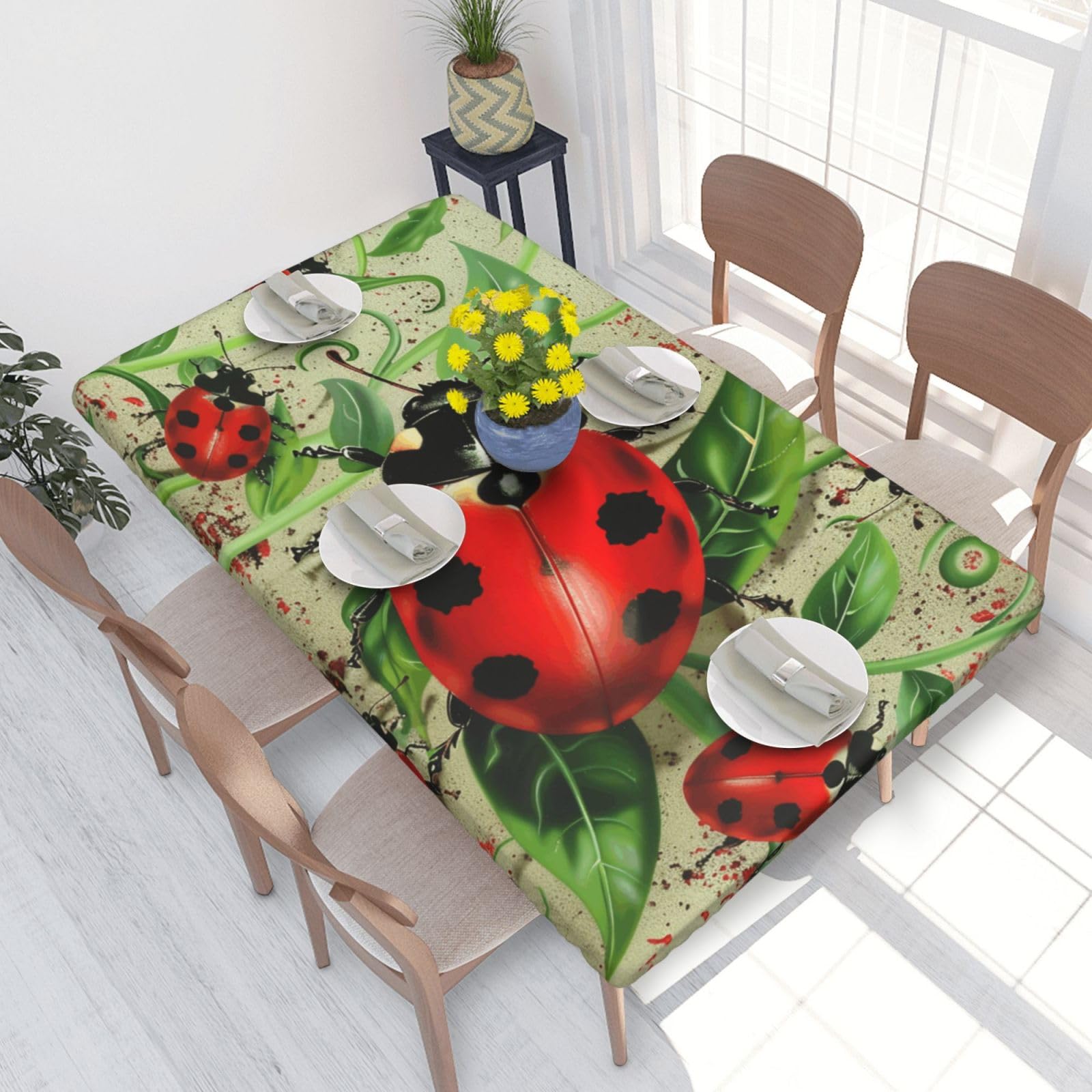 DCARSETCV Red Ladybug Printed 4FT Waterproof Tablecloth with Elastic Edged Protect & Decor Your Table, Oil-proof Washable Table Cloth Cover for Dinner Picnic Party