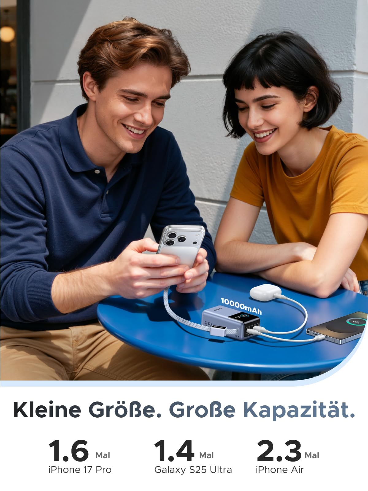 UGREEN 55W Power Bank 10000mAh mit integriertem Kabel, Mi Turbo Charge für Xiaomi, 45W PD Schnellladung Kompatibel mit iPhone 17/16/15, Blau