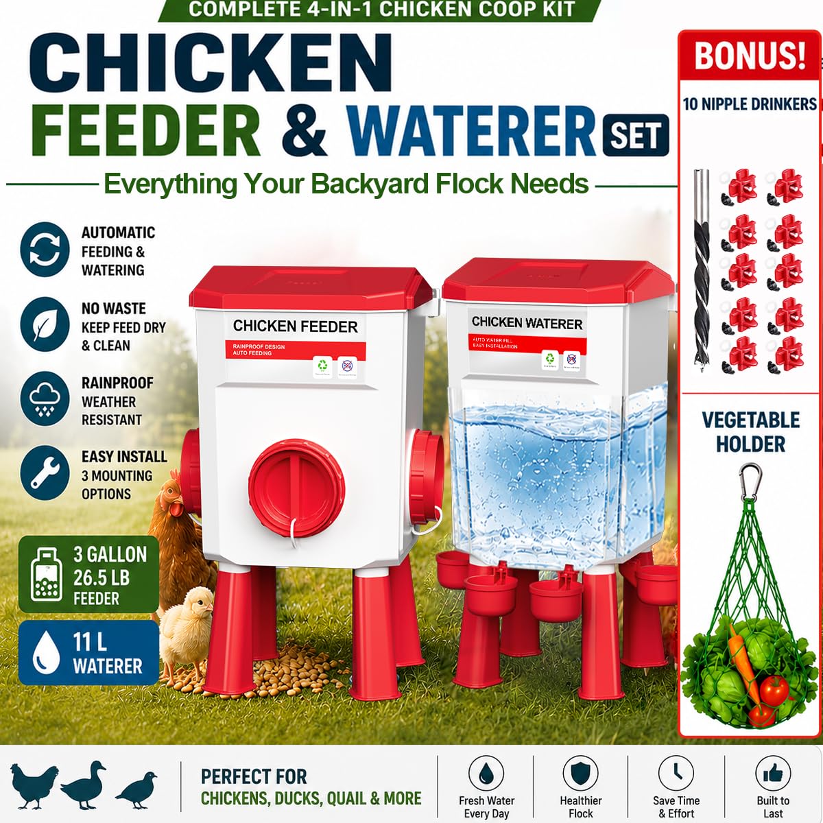 Ensemble mangeoire et abreuvoir pour poulets, système d'alimentation automatique sans déchets, mangeoire de 12 kg et abreuvoir de 11 L, kit de poulailler 4 en 1 avec support de légumes pour