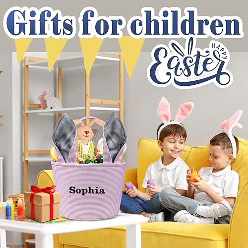 Miniatura 5 de Cesta de Pascua personalizada, cestas de Pascua de PEMIRSAYO para niños, cesta de conejo de Pascua, color rosa