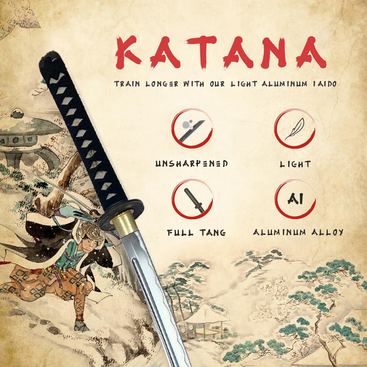 HMS Japanese Samurai Katana Unsharpened Training Sword, Wolf Tsuba, Functional, Handmade, Aluminum Alloy, Full Tang