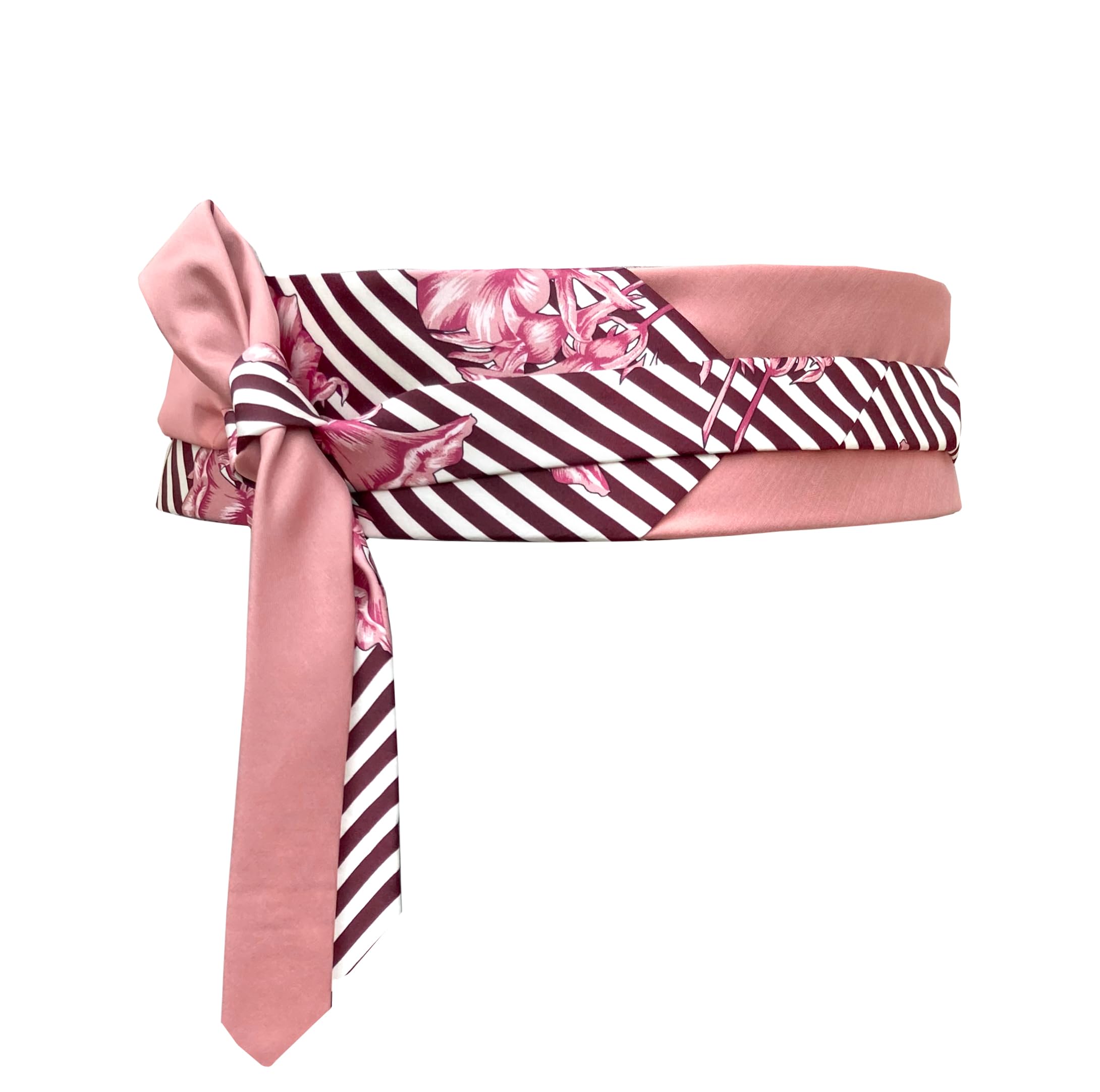 Remo Sartori - Made in Italy Women Silk Obi Wrap Neckties Belt, Pink Floral Striped, Free Size