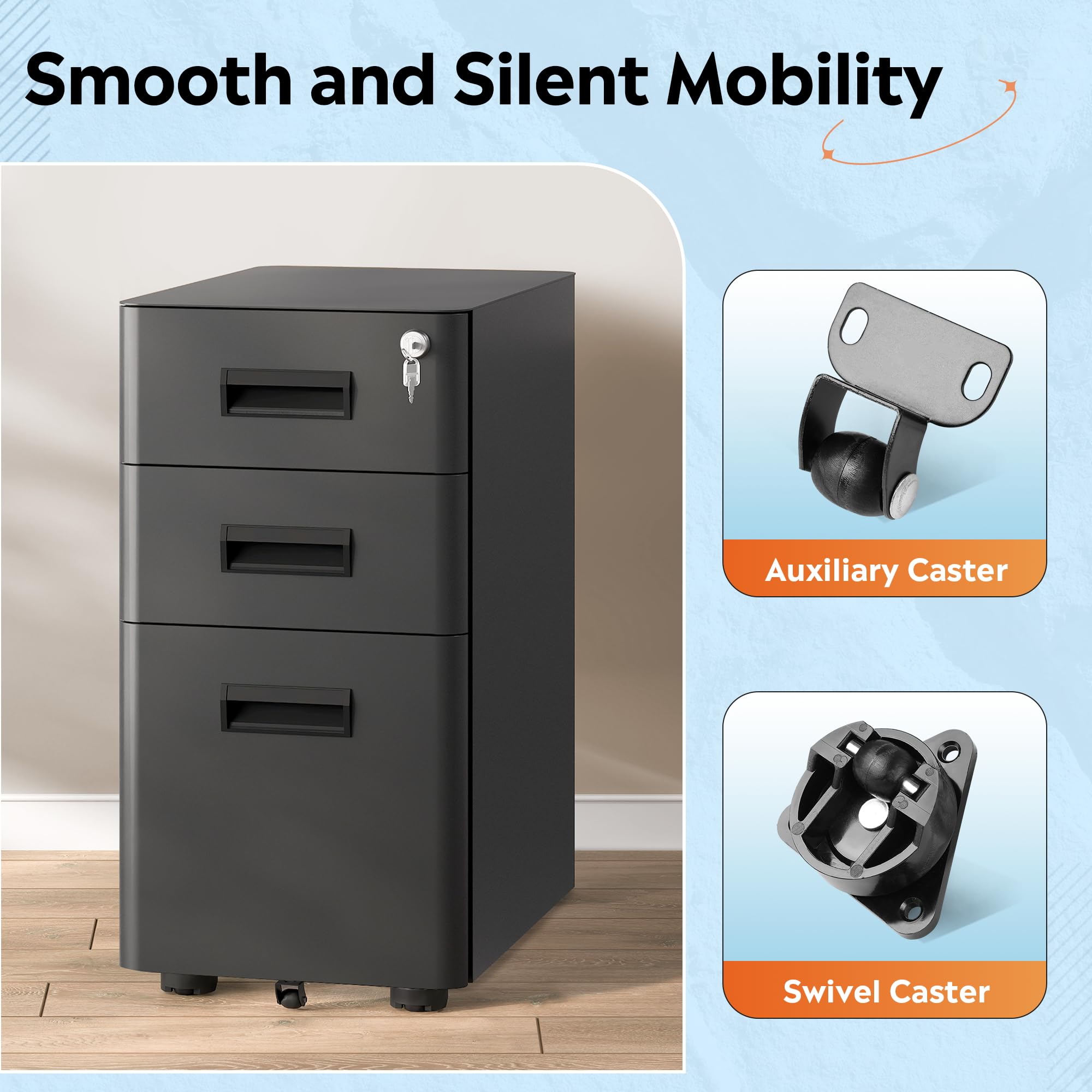 DEVAISE 3-Drawer Slim File Cabinet, Small Mobile Filing Cainet with Lock for Home Office, Fits Letter/Legal/A4 Size, 11.8 x 17.7 x 23.2 Inches (Pre-Assembled, Black): Black 17.7" D x 11.8" W x 22.8" H