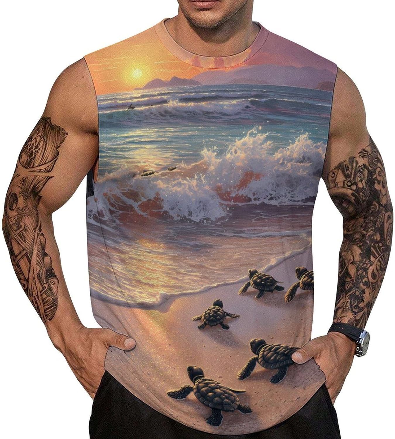 Turtle Wave Beach Sunset Men's Sleeveless Shirt Small