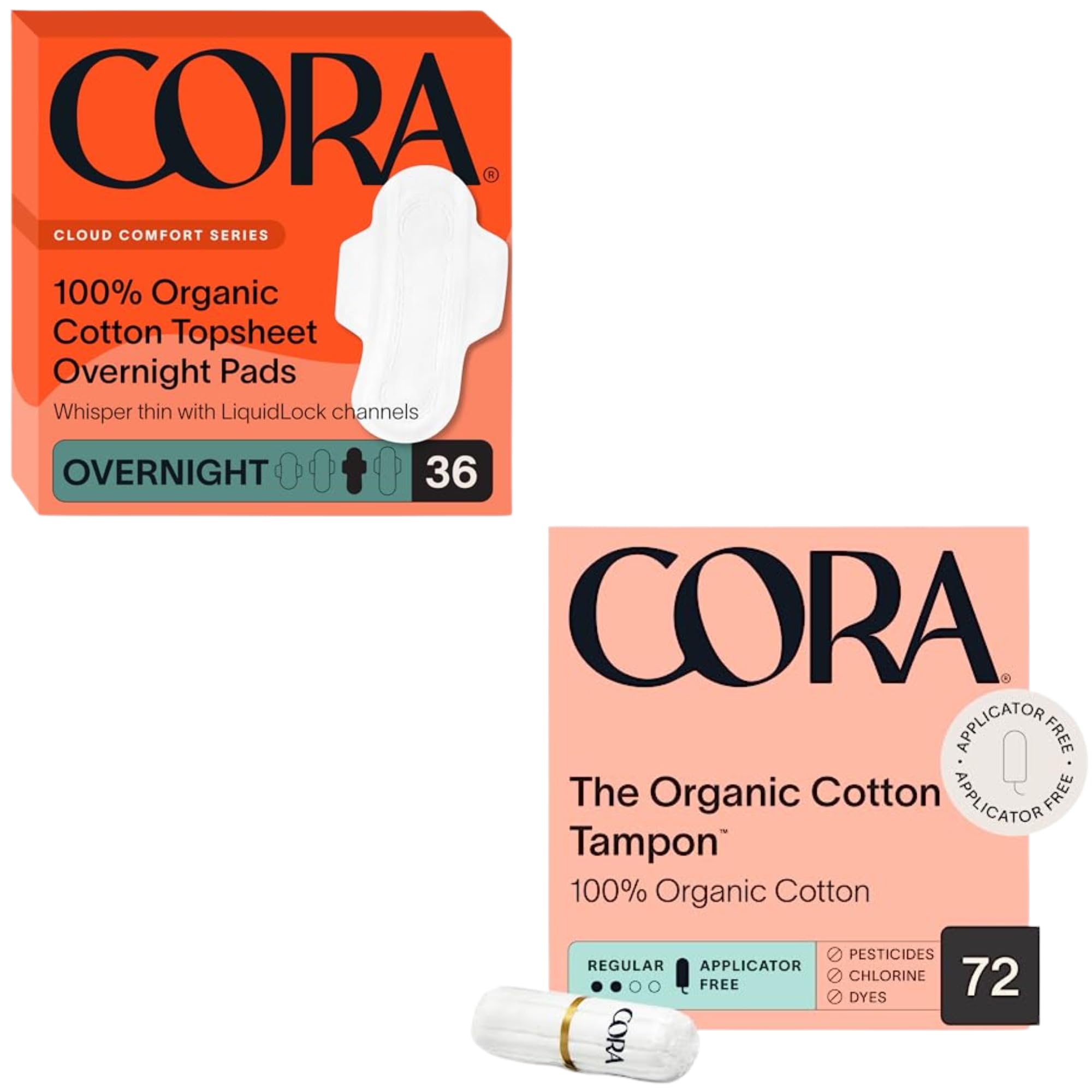 Cora Organic Feminine Care Overnight Pads with Wings and Non-Applicator Tampon Pack Ultra-Absorbent Unscented Natural Non-Toxic 36 Overnight