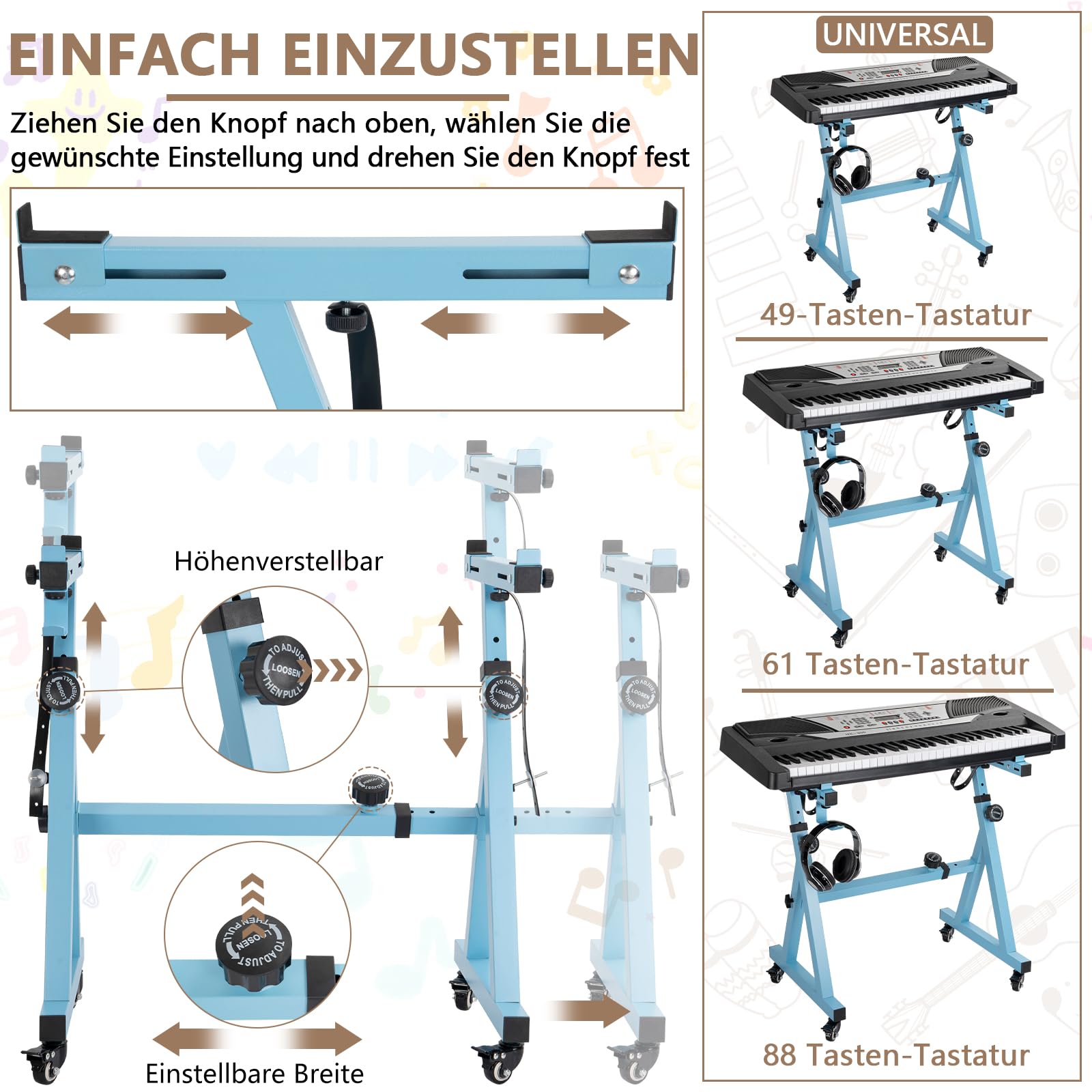 OUUTMEE Soporte para teclado, ruedas, soporte para teclado, forma de Z, ajustable, con riel deslizante, fácil de usar (azul Z)