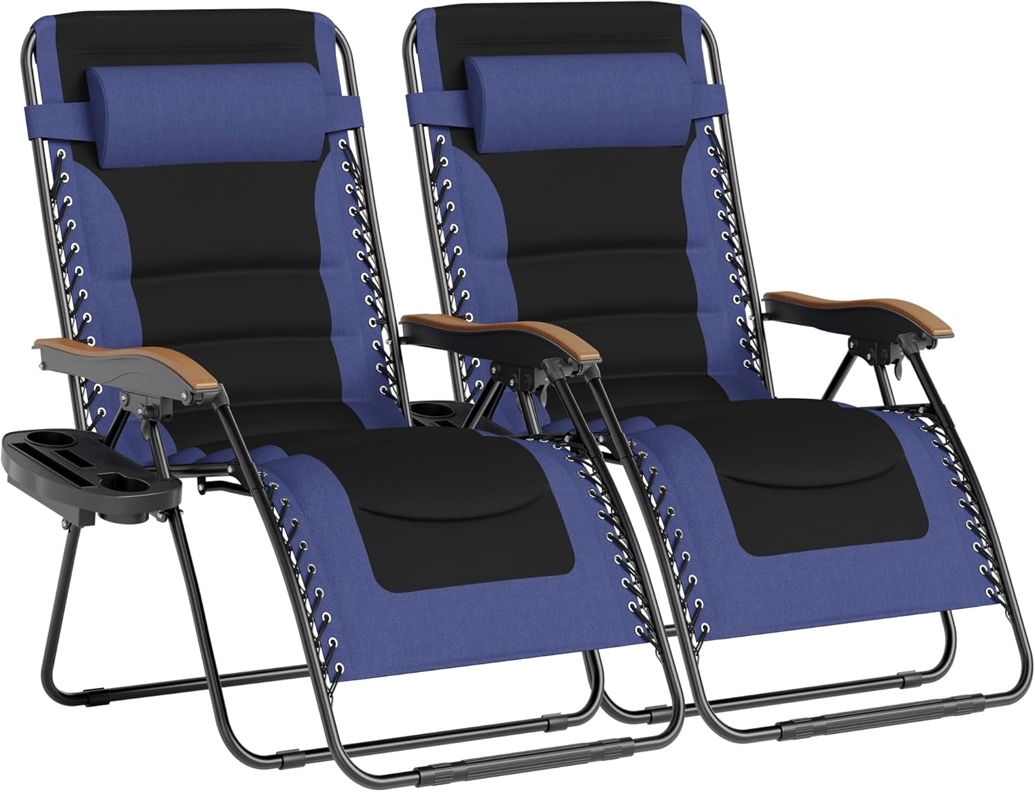 PHI VILLA XXL Oversized Padded Zero Gravity Chair Set of 2, Foldable Patio Recliner, 30" Wide Seat Anti Gravity Lounger with Armrest and Cup Holder, Support 400 LBS (Navy Blue)