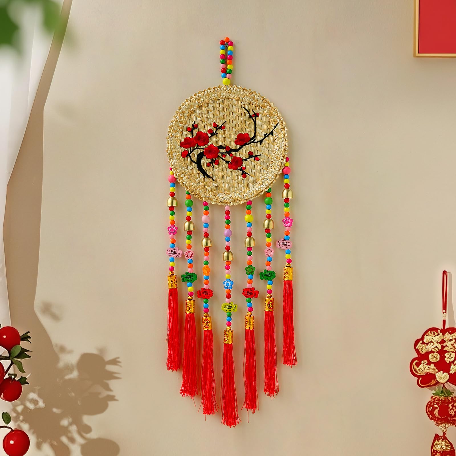 Hlehaz Natural Wheat Straw Handwoven Farmhouse Rustic Boho Rattan Macrame Eastern Home Wall Hanging Decor Tassel Wind Chimes Plum Blossom