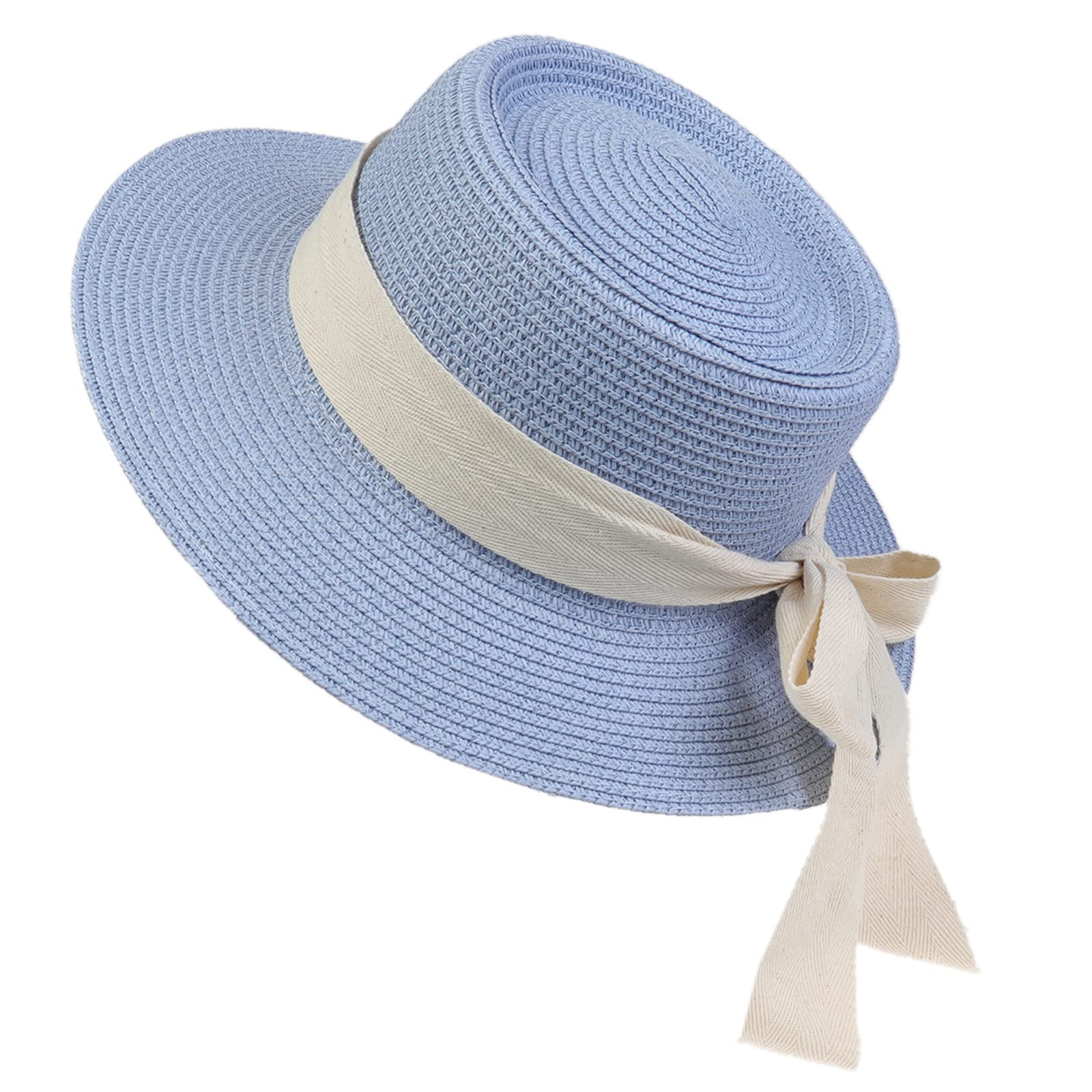 Sombrero de playa de ala ancha con protección solar para mujer, sombrero de playa con lazo blanco, gorra de paja, casual, para mujer, gorra de barco para iglesia al aire libre