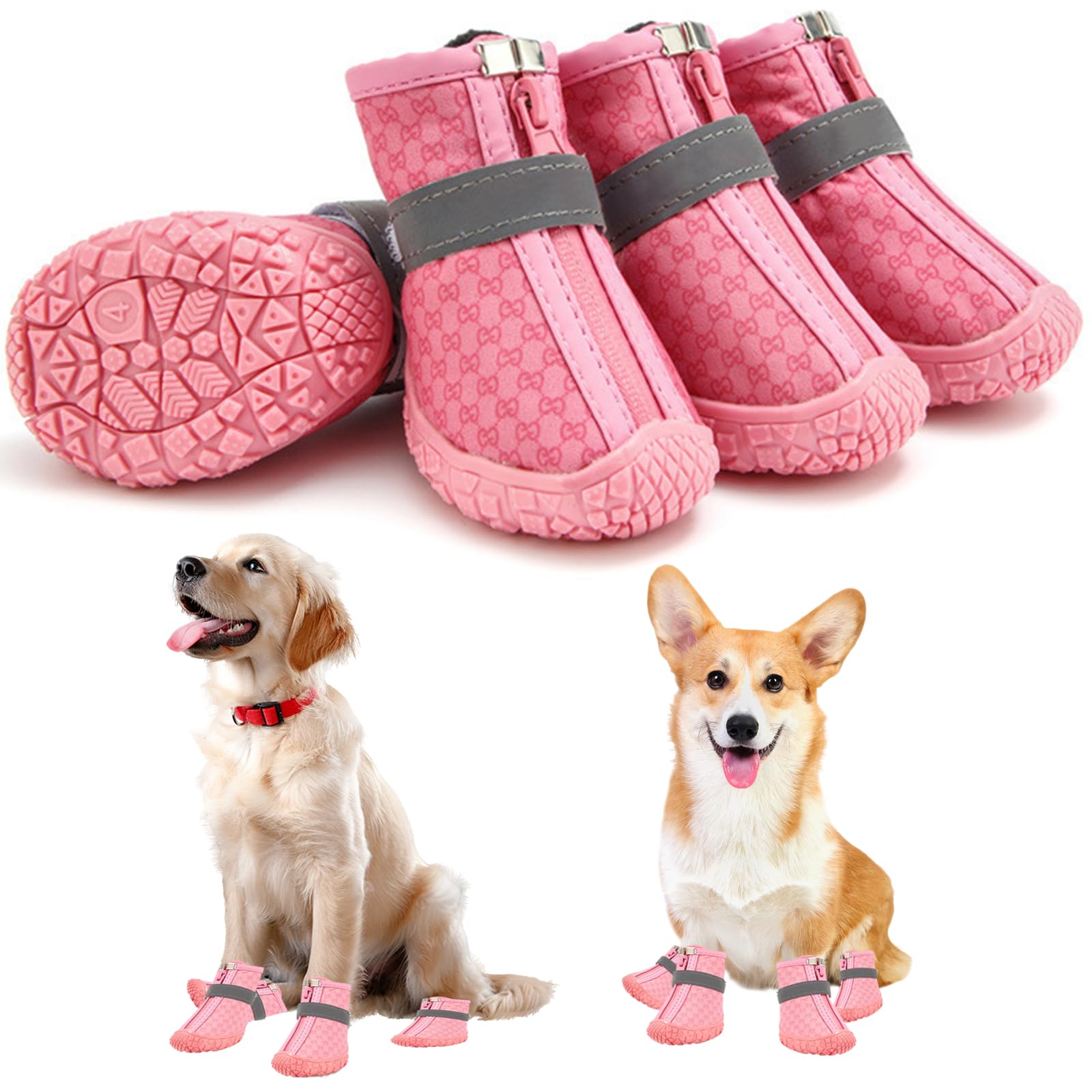 Dog Boots Paw Protector, Breathable Dog Boots for Injured Paws Waterproof with Reflective Straps for Dog, Adjustable Washable Non-Slip Outdoor Dog Shoes for Walking Summer Winter, Pink (4pcs)