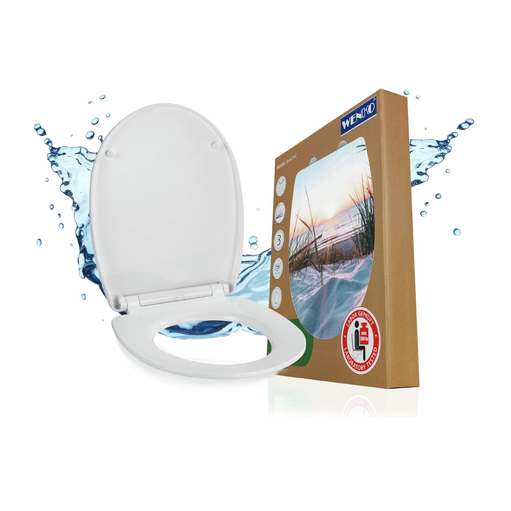 WENKO Toilettendeckel mit Absenkautomatik und Strand-Motiv, hohe Belastbarkeit bis 350 kg, ovaler WC Sitz, abnehmbar, Klodeckel aus bruchstabilem, recycelbarem Thermoplast, Mod. Baltic