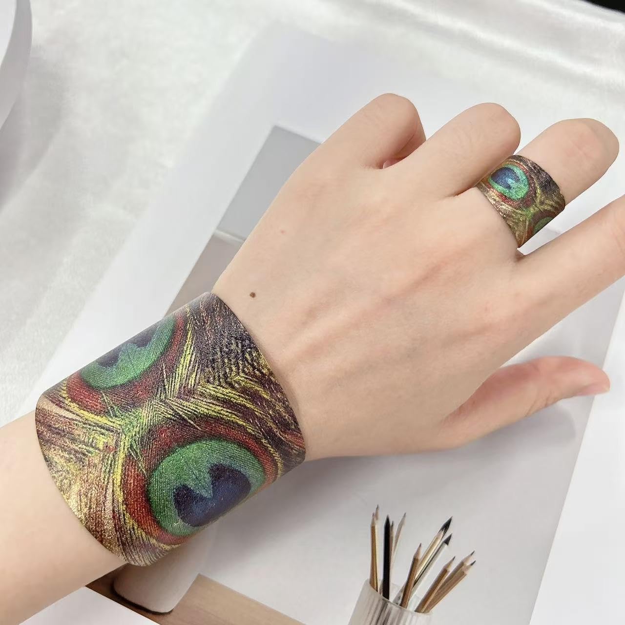 Peacock Tail Feather Wide Cuff Bangle Bracelet Finger Ring Vintage Jewelry Set Chunky Fashion Boho Frosted Animal Adjustable Open Knuckle Band Rings Statement Gifts for Women Mom