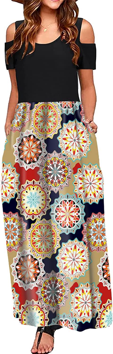 Kancystore Women's Bohemian Cold Shoulder Sundresses Casual Long Beach Dress (Orange, S)