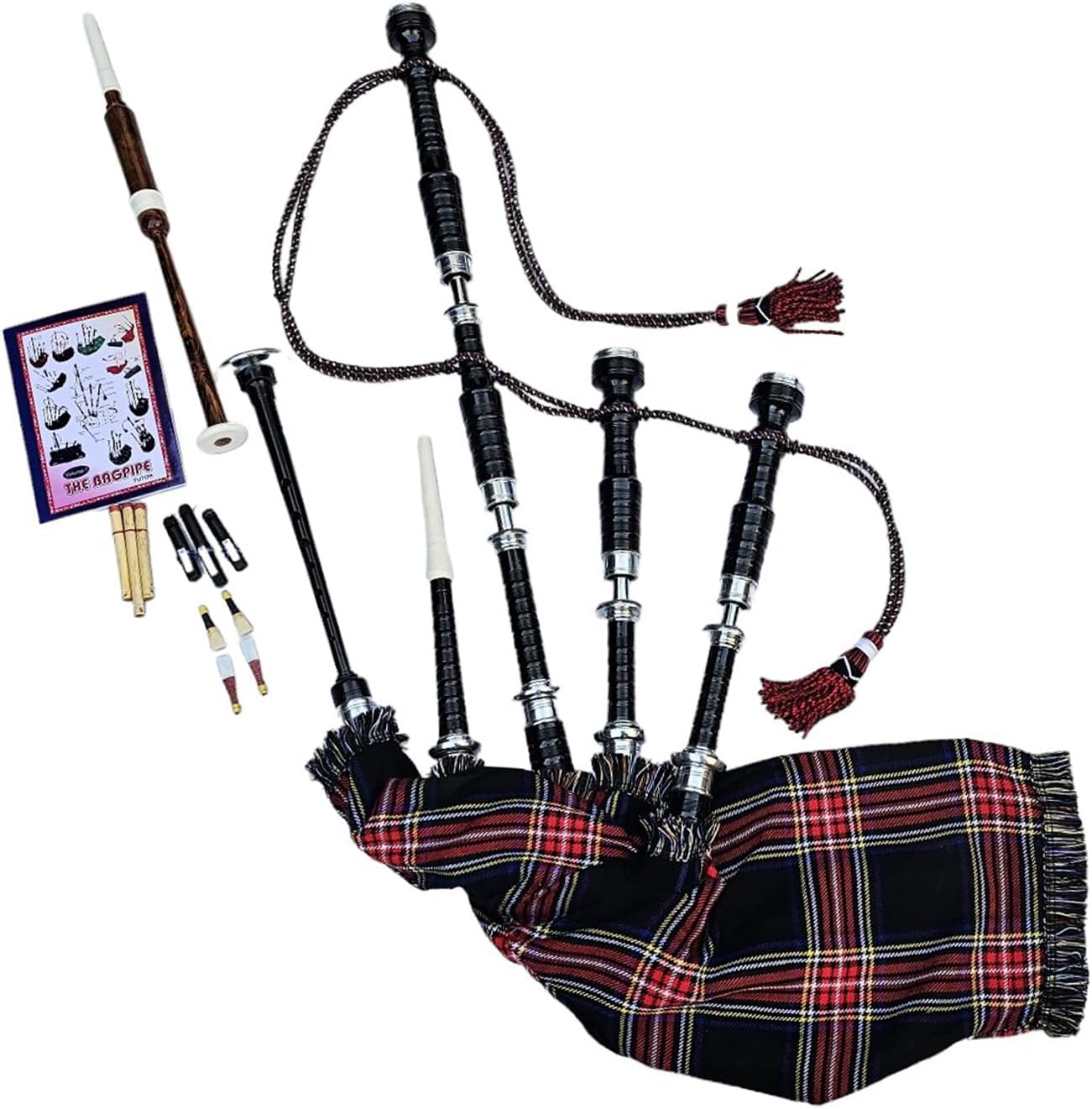 AAR Scottish Bagpipe Rosewood Royal Stewart Tartan Natural Color with Silver Plain Mounts Free Tutor Book, Carrying Bag, Drone, Reeds