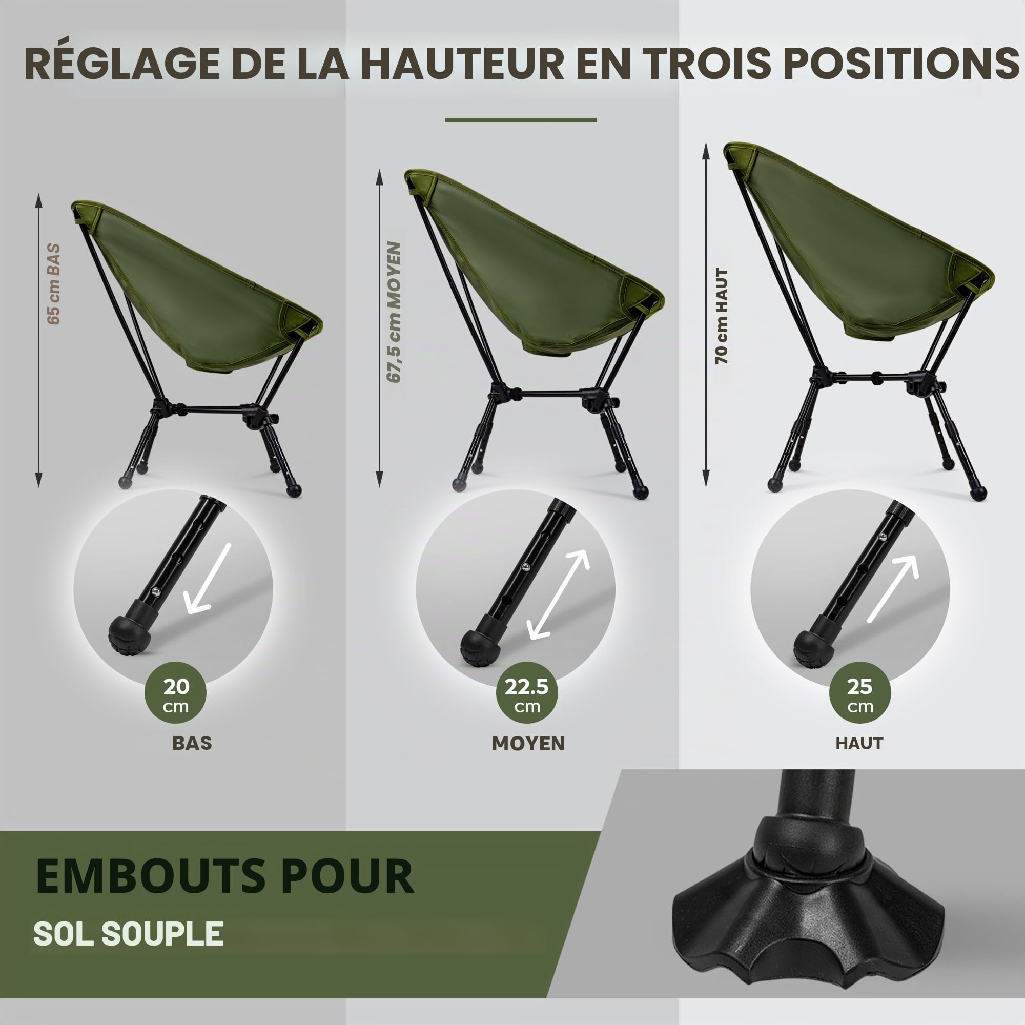 Chaise de camping pliable facilement réglable en hauteur - Vainqueur du test 2026 - Petite taille - Chaise de camping pliable - Chaise de pêche ultra légère - Chaise de camping - Chaise de plage